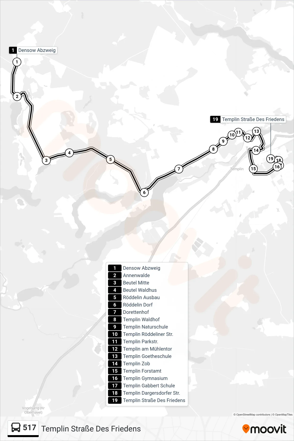 Linie 517 (Bus) Richtung Templin Straße Des Friedens: Route und Haltestellen auf der Karte