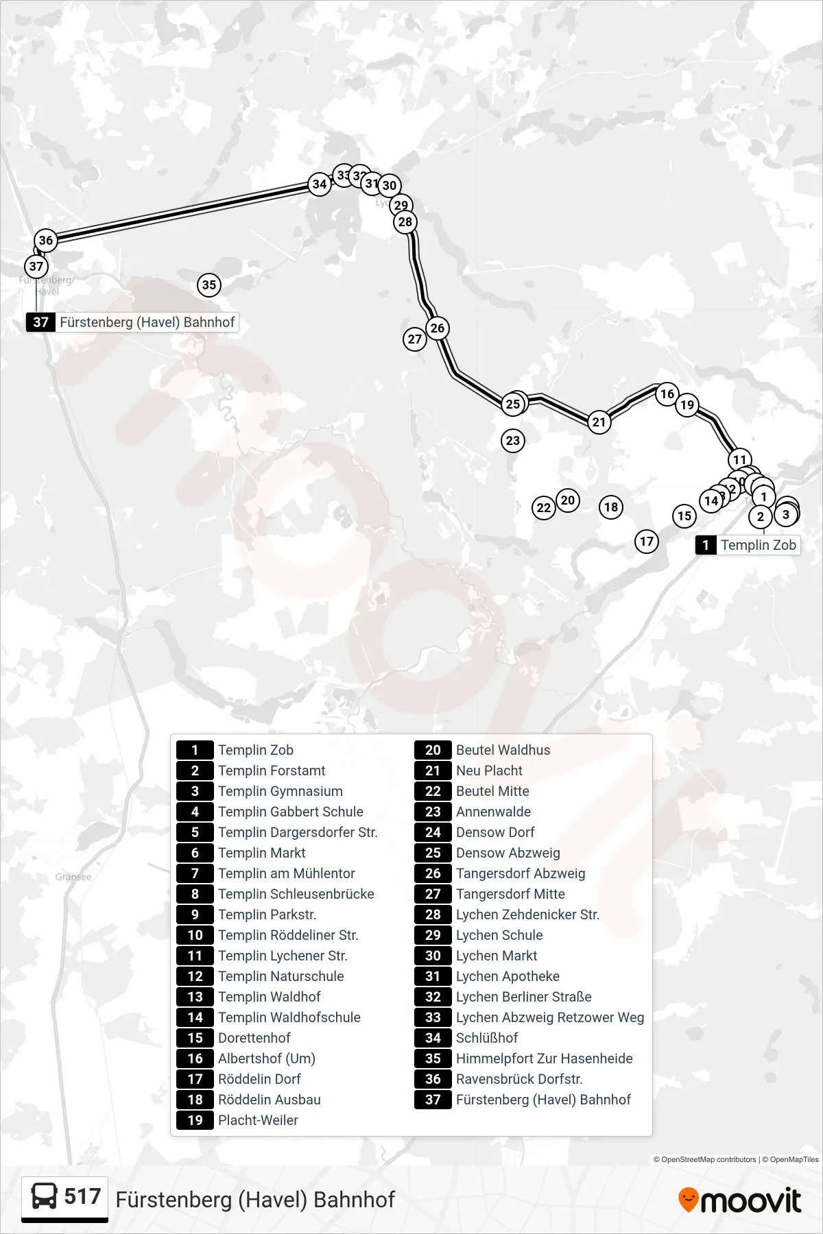 Linie 517 (Bus) Richtung Fürstenberg (Havel) Bahnhof: Route und Haltestellen auf der Karte