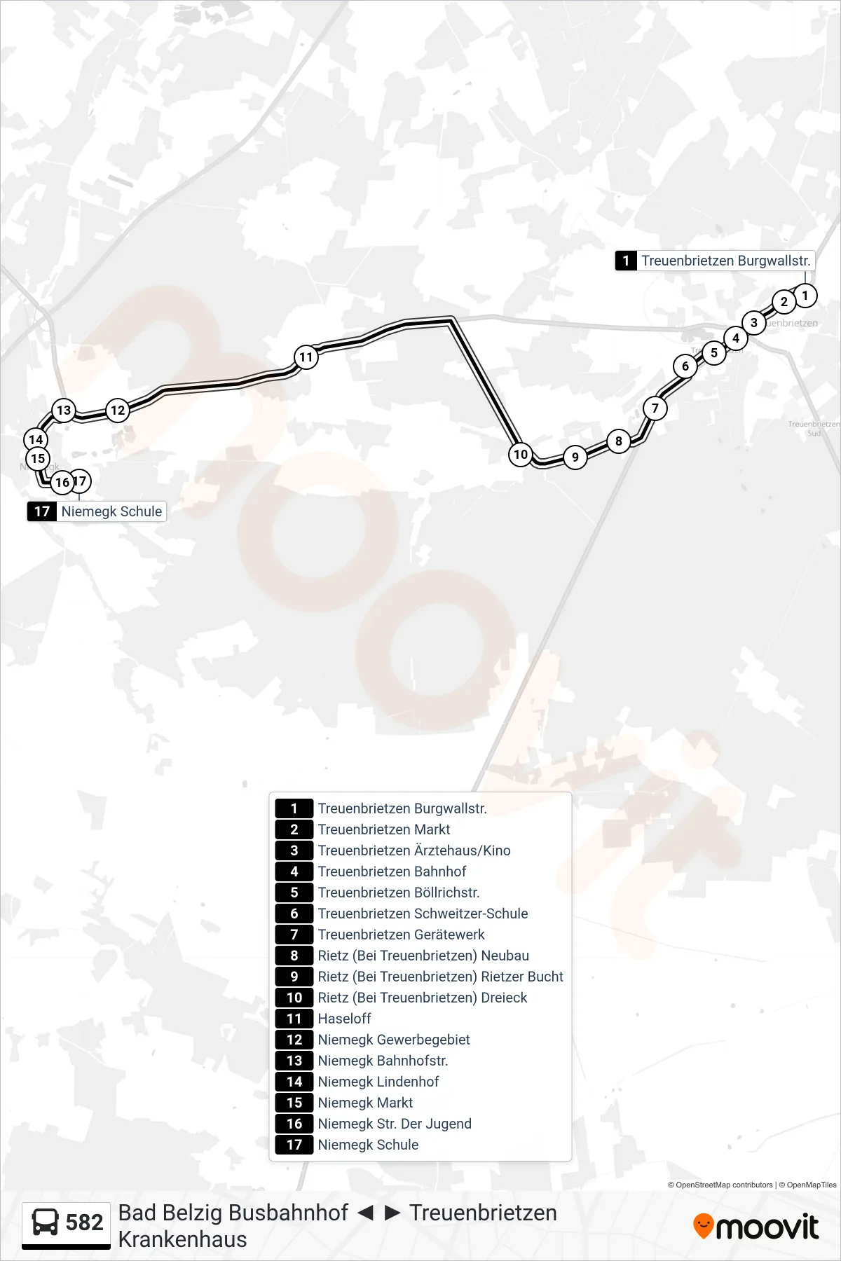 582 bus Line (Niemegk Schule) route and stops on a map