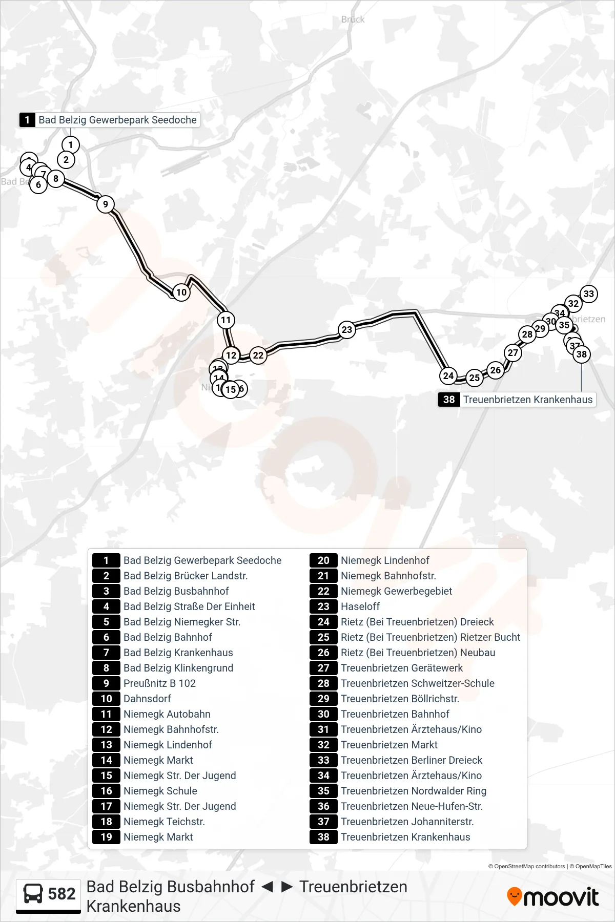 582 bus Line (Treuenbrietzen Krankenhaus) route and stops on a map