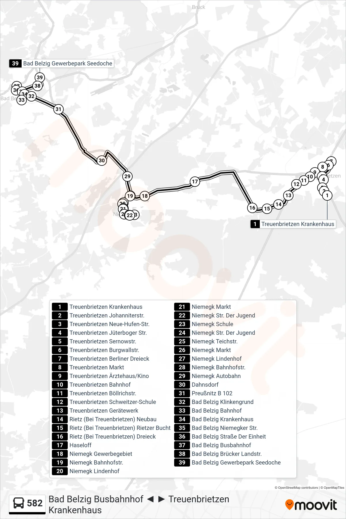 582 bus Line (Bad Belzig Gewerbepark Seedoche) route and stops on a map
