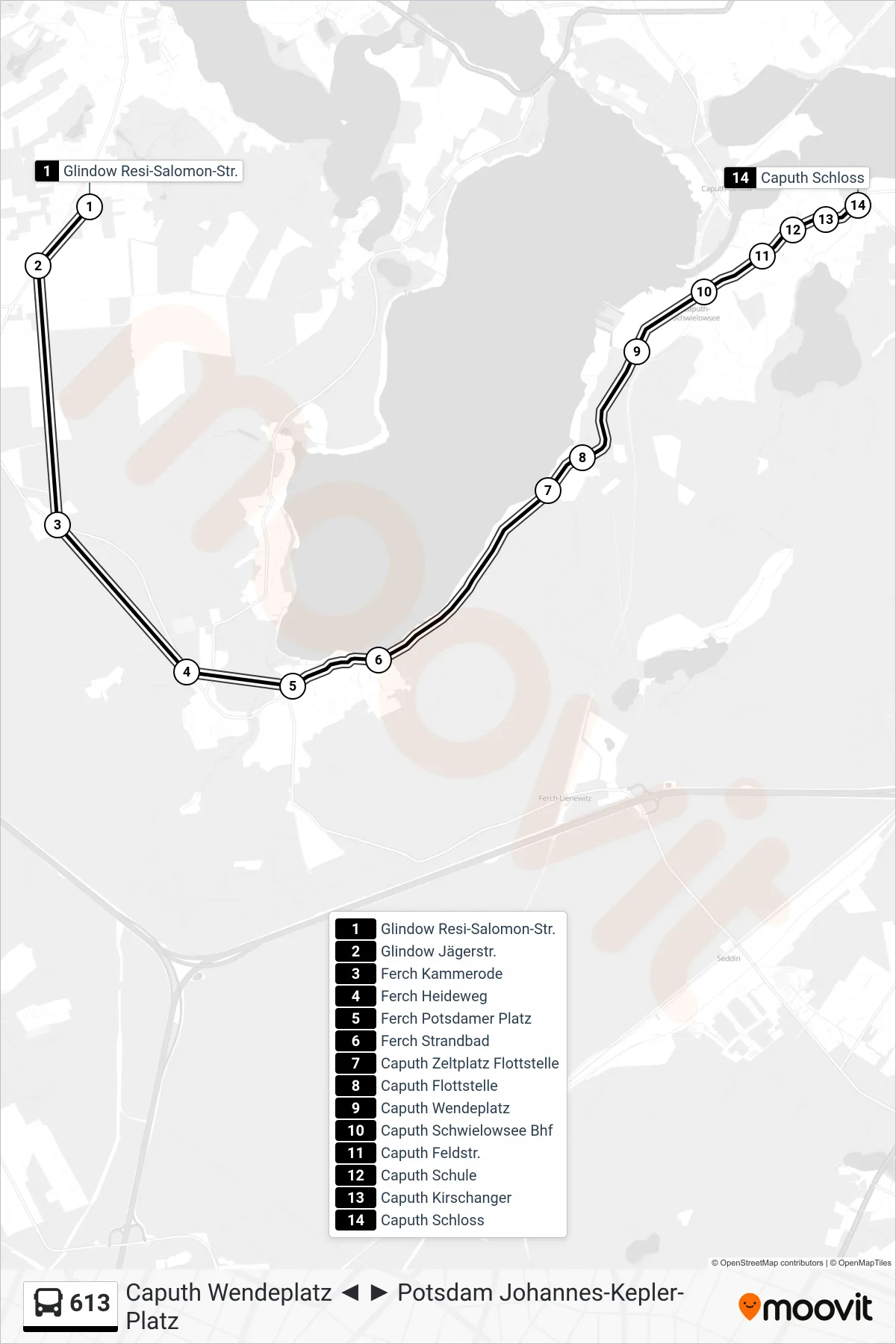 Linie 613 (Bus) Richtung Caputh Schloss: Route und Haltestellen auf der Karte