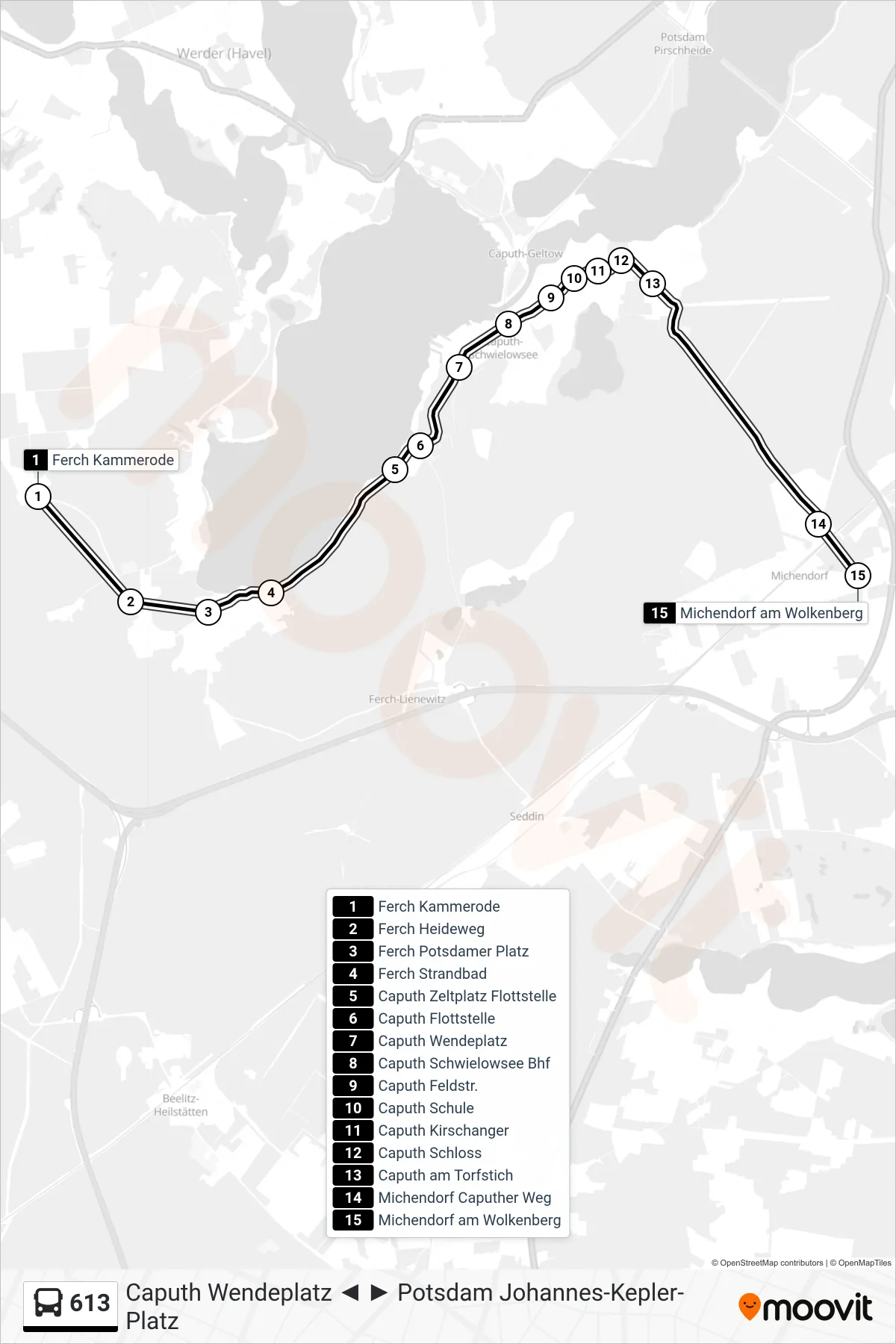 Linie 613 (Bus) Richtung Michendorf am Wolkenberg: Route und Haltestellen auf der Karte