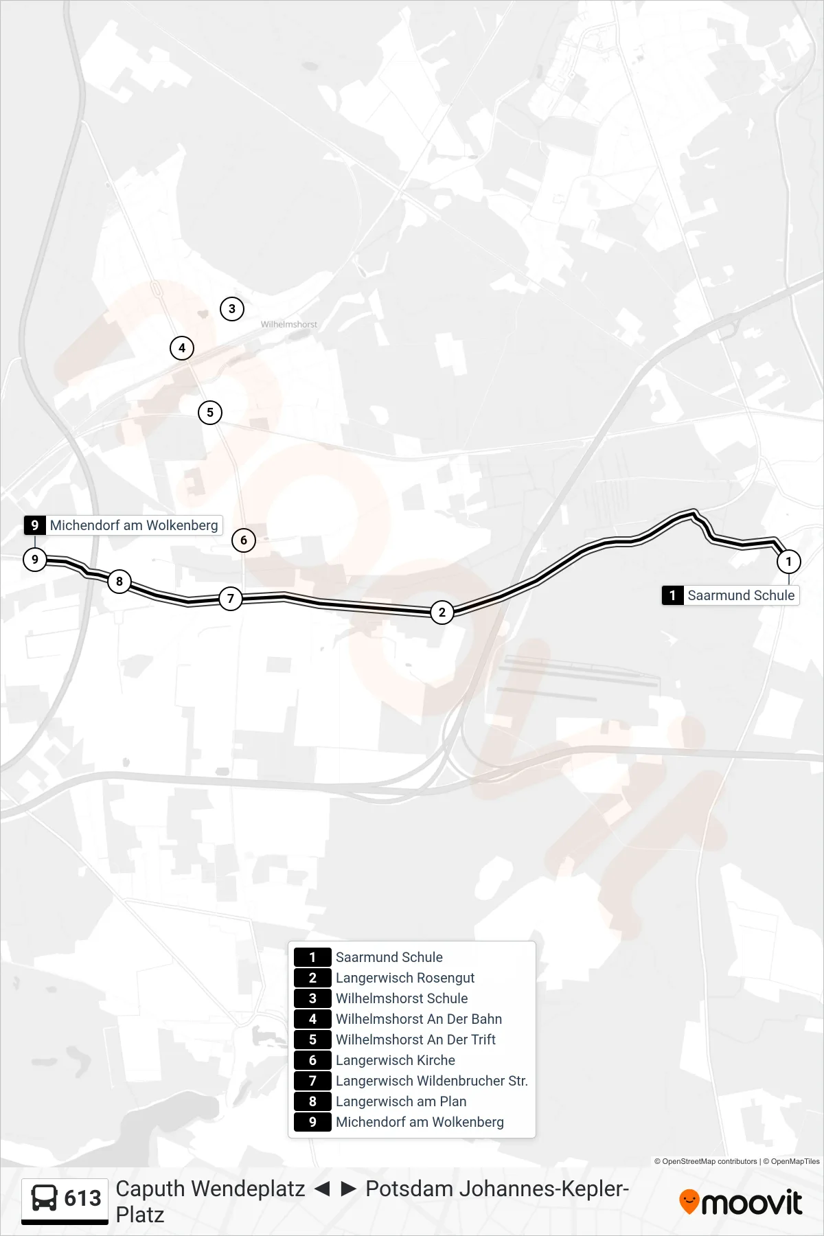 Linie 613 (Bus) Richtung Michendorf am Wolkenberg: Route und Haltestellen auf der Karte