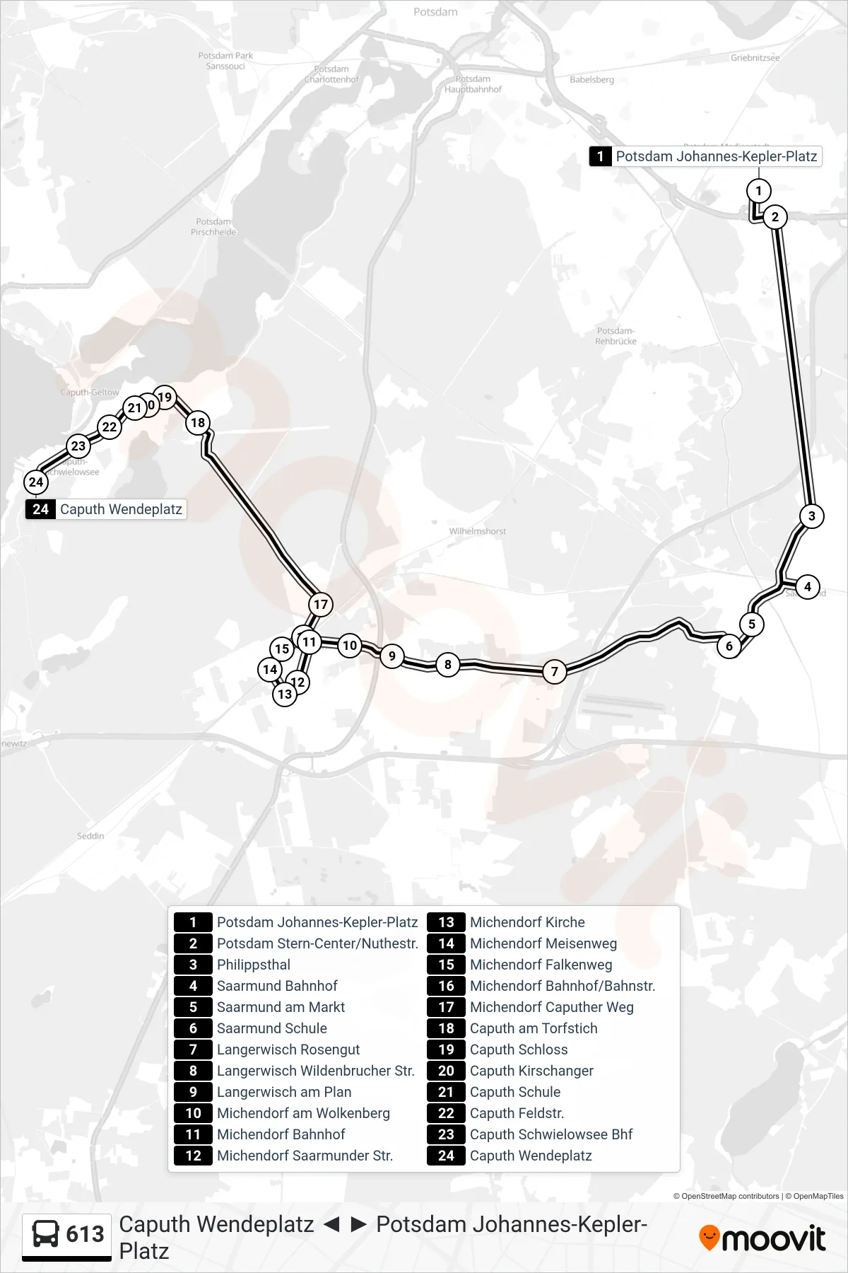 613 bus Line (Caputh Wendeplatz) route and stops on a map