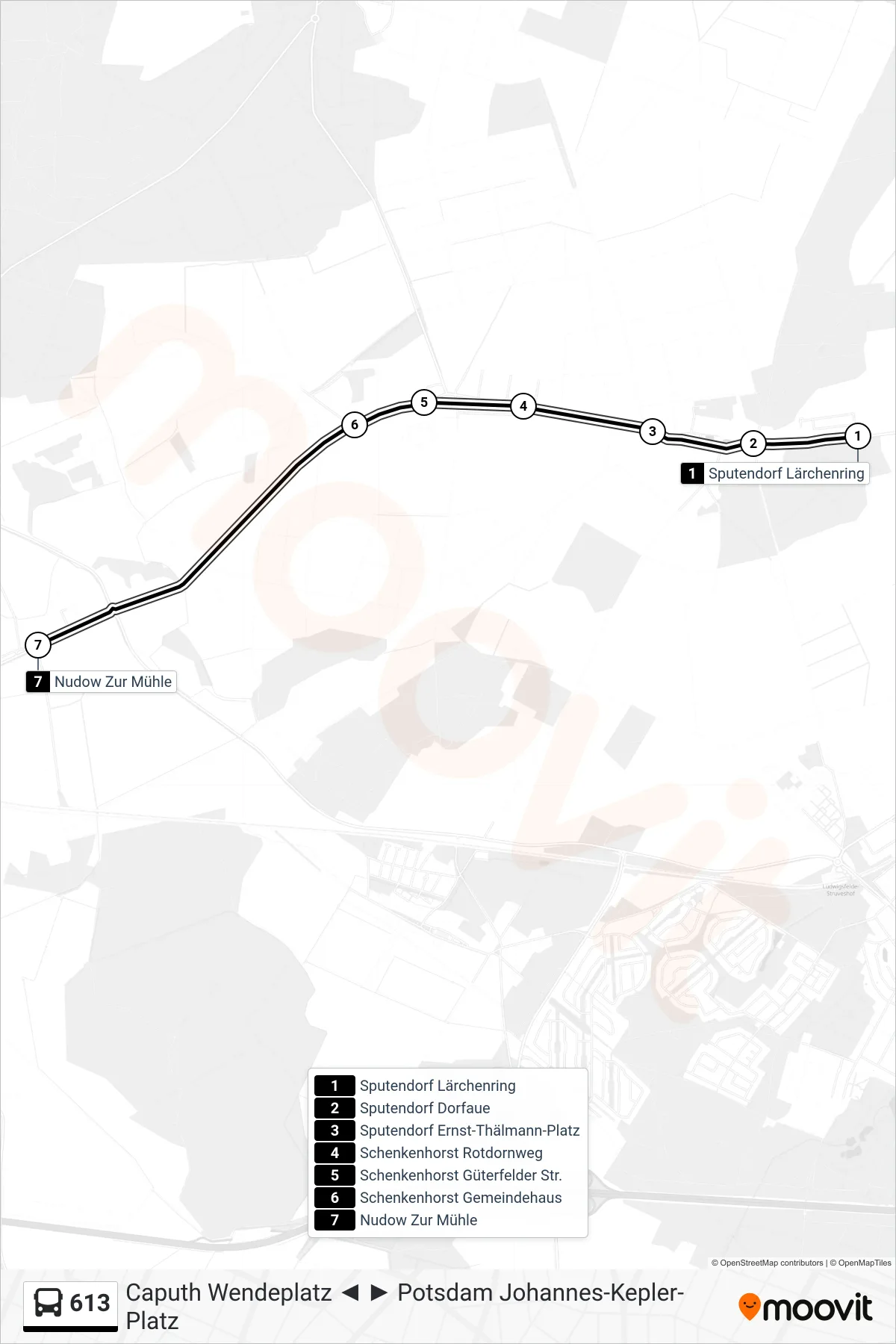 Linie 613 (Bus) Richtung Nudow Zur Mühle: Route und Haltestellen auf der Karte