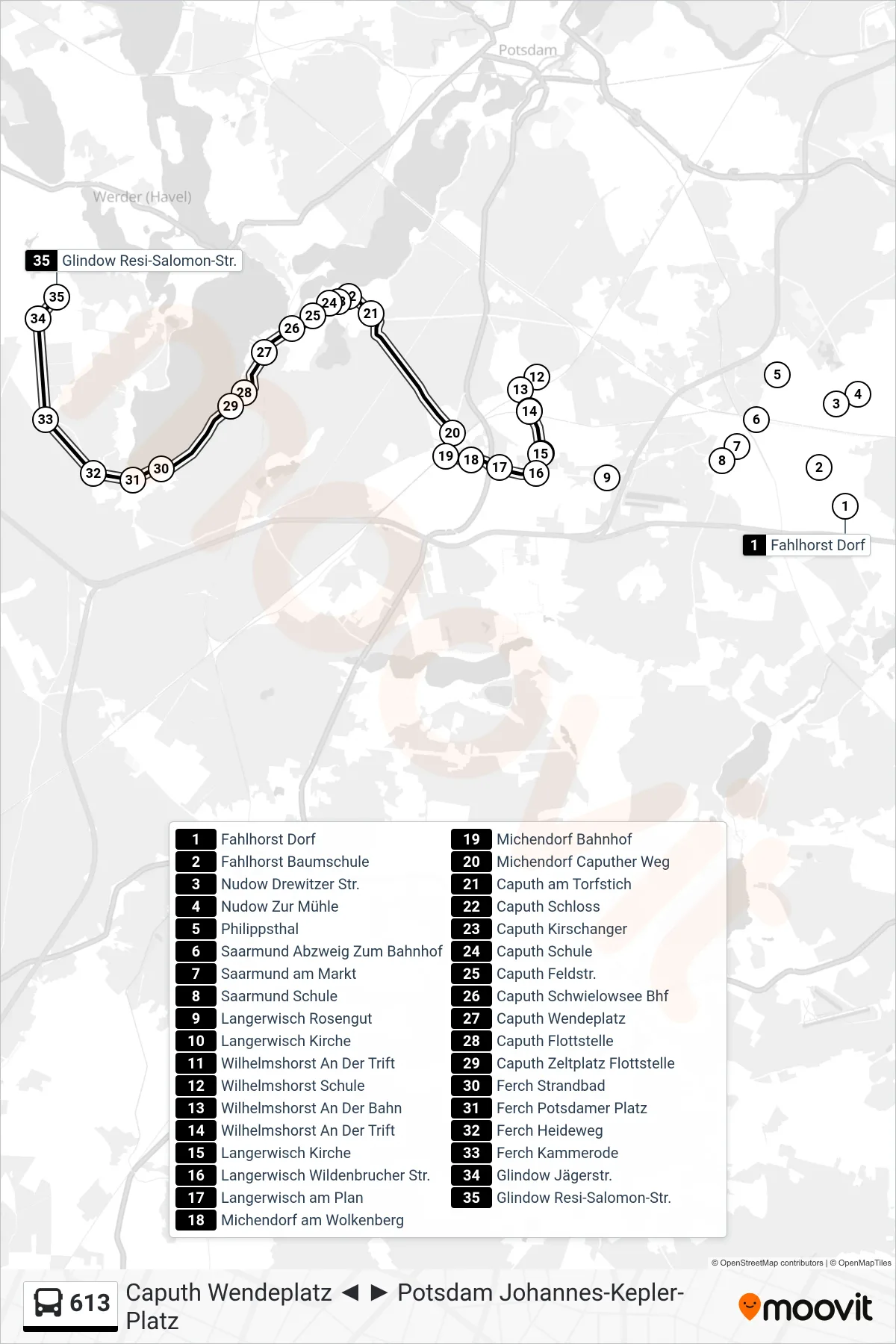 Linie 613 (Bus) Richtung Glindow Resi-Salomon-Str.: Route und Haltestellen auf der Karte