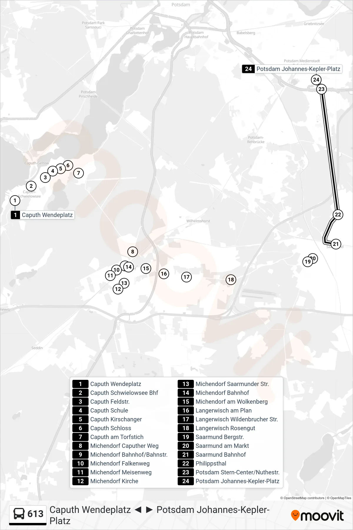 Linie 613 (Bus) Richtung Potsdam Johannes-Kepler-Platz: Route und Haltestellen auf der Karte