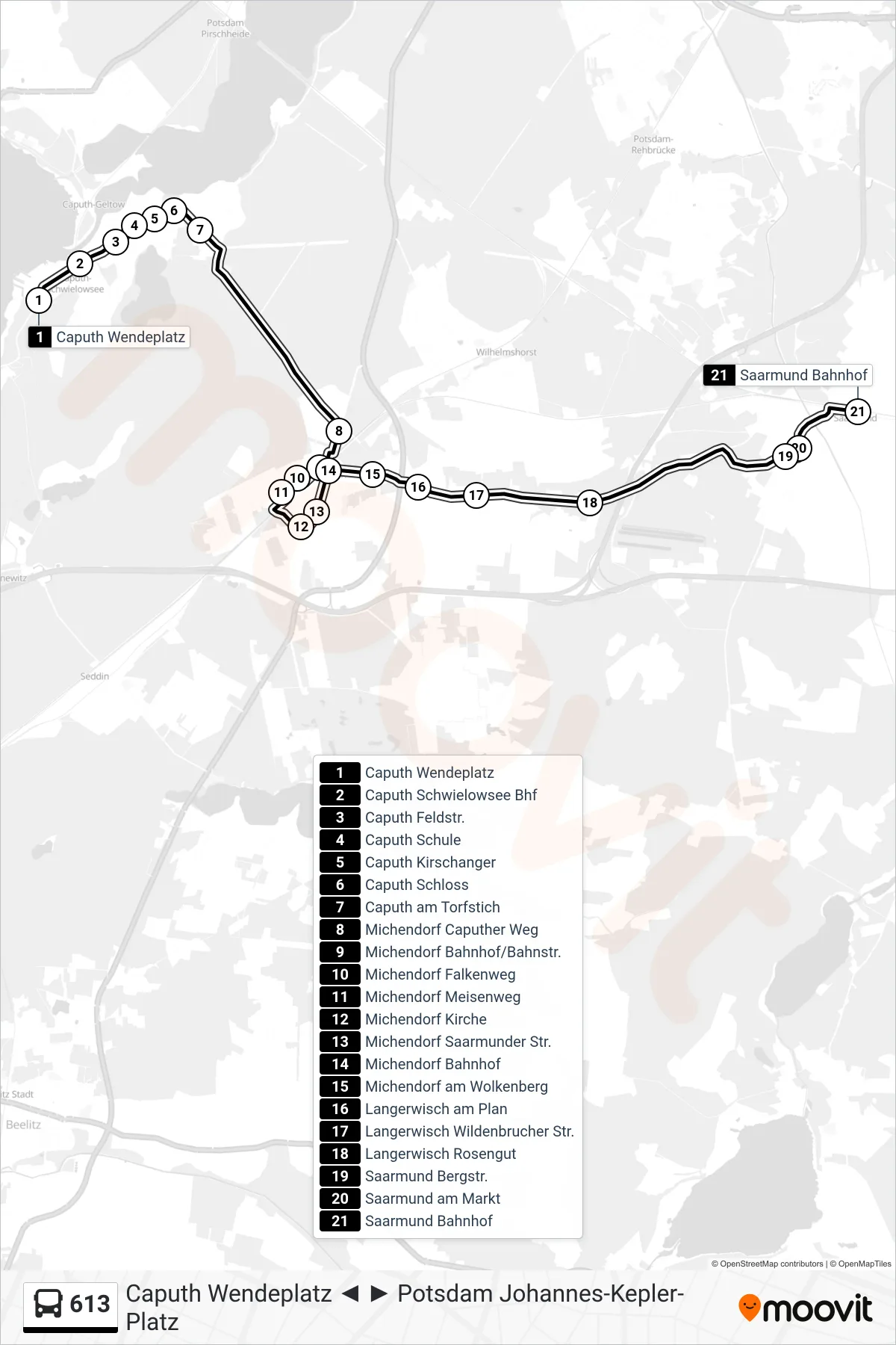 Linie 613 (Bus) Richtung Saarmund Bahnhof: Route und Haltestellen auf der Karte