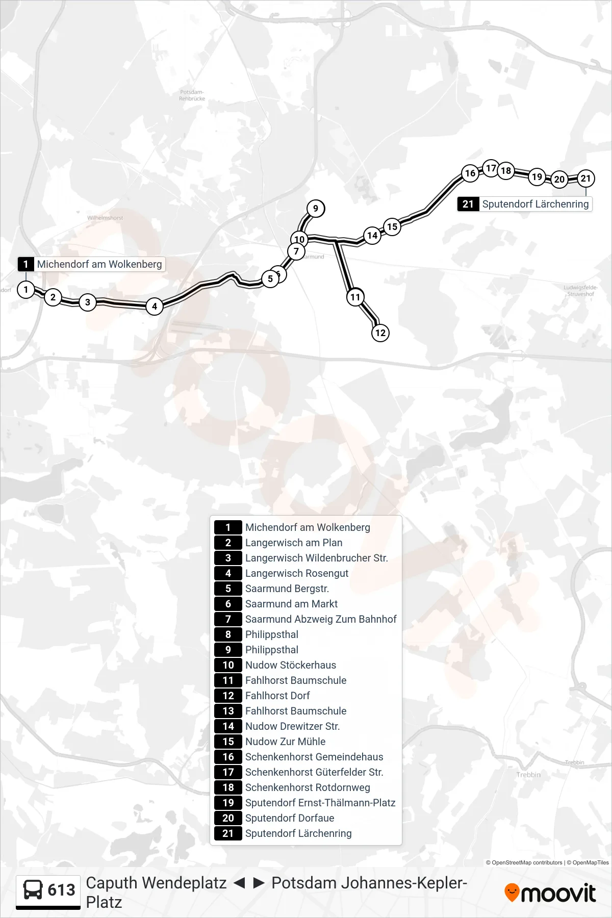 Linie 613 (Bus) Richtung Sputendorf Lärchenring: Route und Haltestellen auf der Karte
