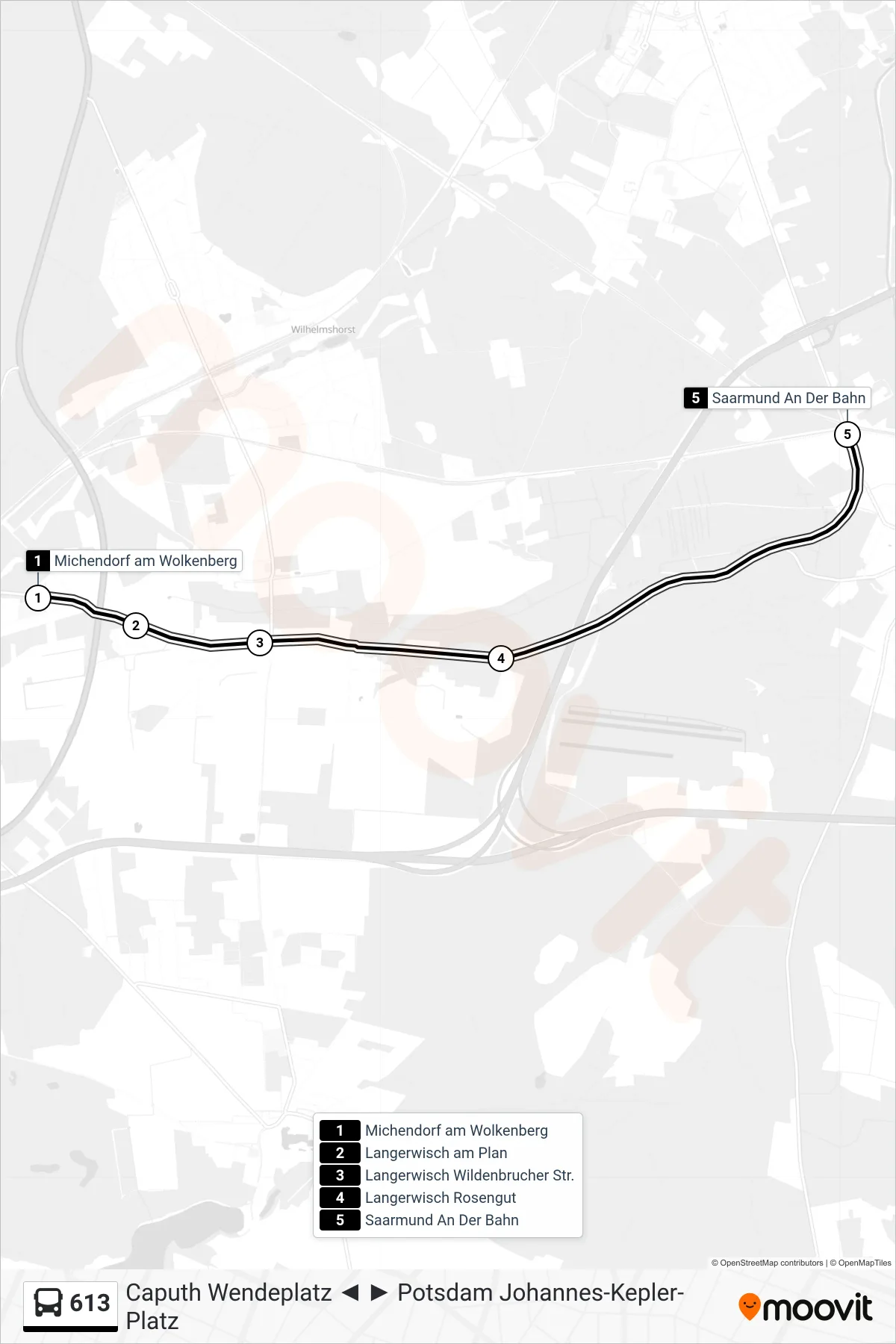Linie 613 (Bus) Richtung Saarmund An Der Bahn: Route und Haltestellen auf der Karte