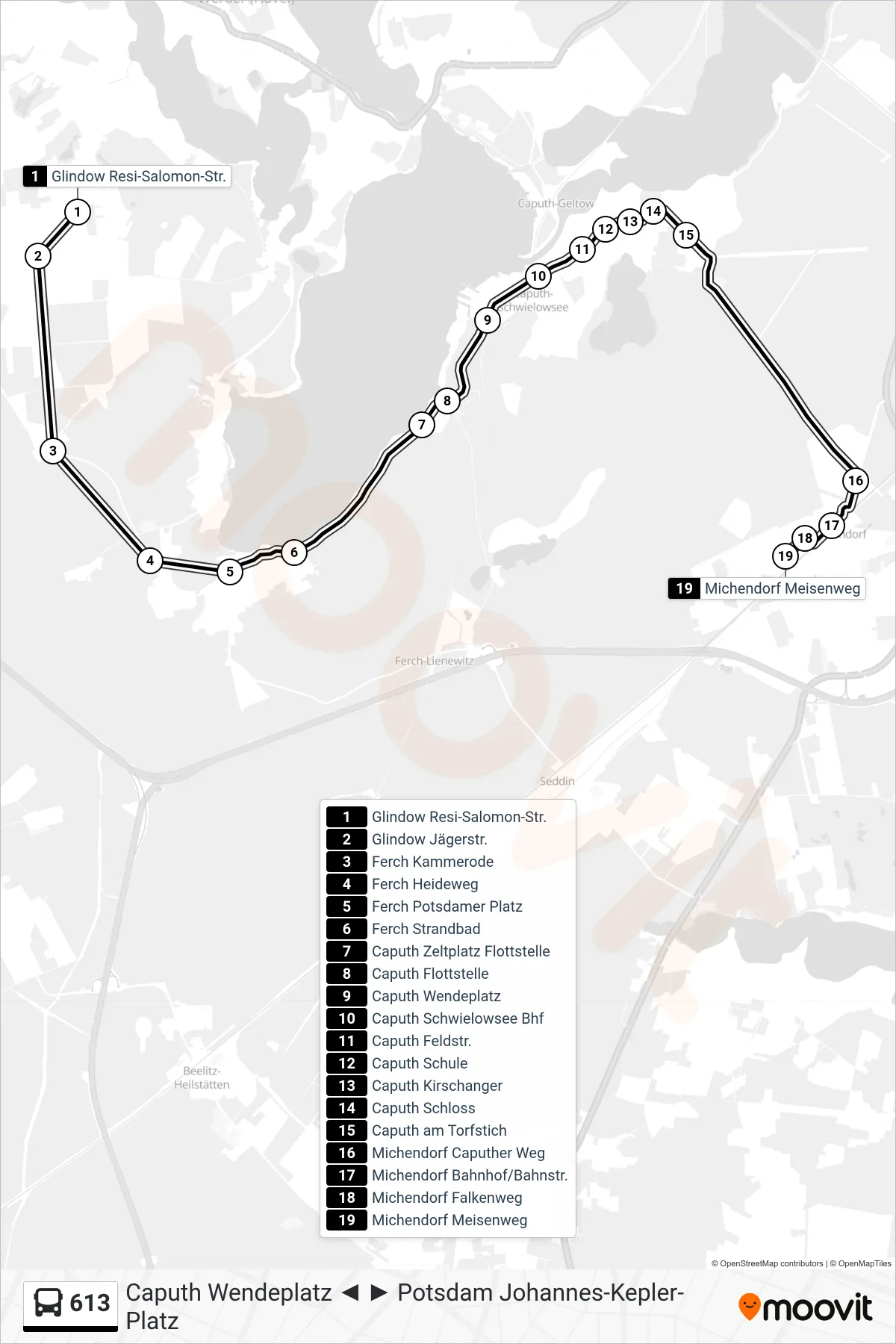 Linie 613 (Bus) Richtung Michendorf Meisenweg: Route und Haltestellen auf der Karte