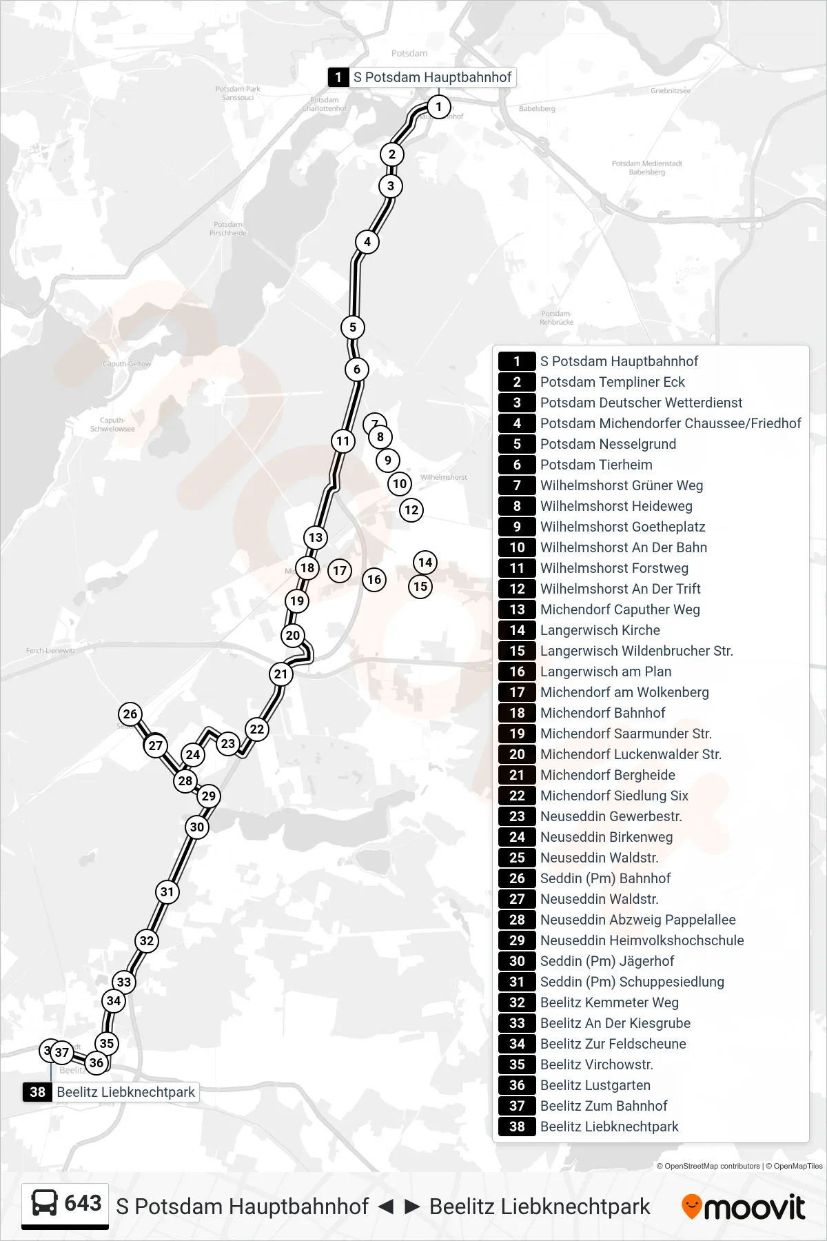 643 bus Line (Beelitz Liebknechtpark) route and stops on a map