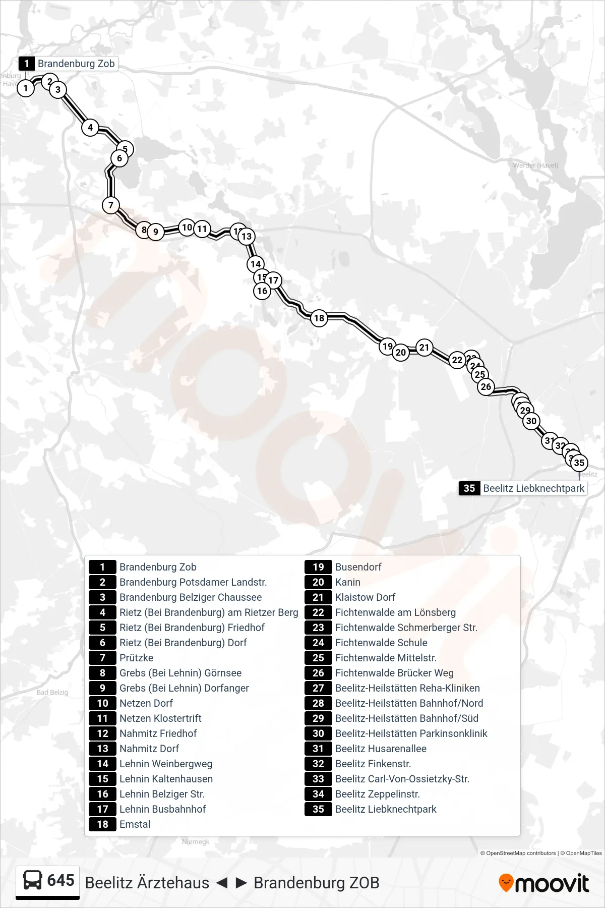 Linie 645 (Bus) Richtung Beelitz Liebknechtpark: Route und Haltestellen auf der Karte