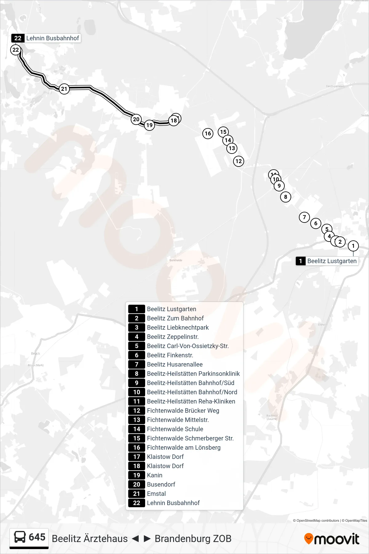 Linie 645 (Bus) Richtung Lehnin Busbahnhof: Route und Haltestellen auf der Karte
