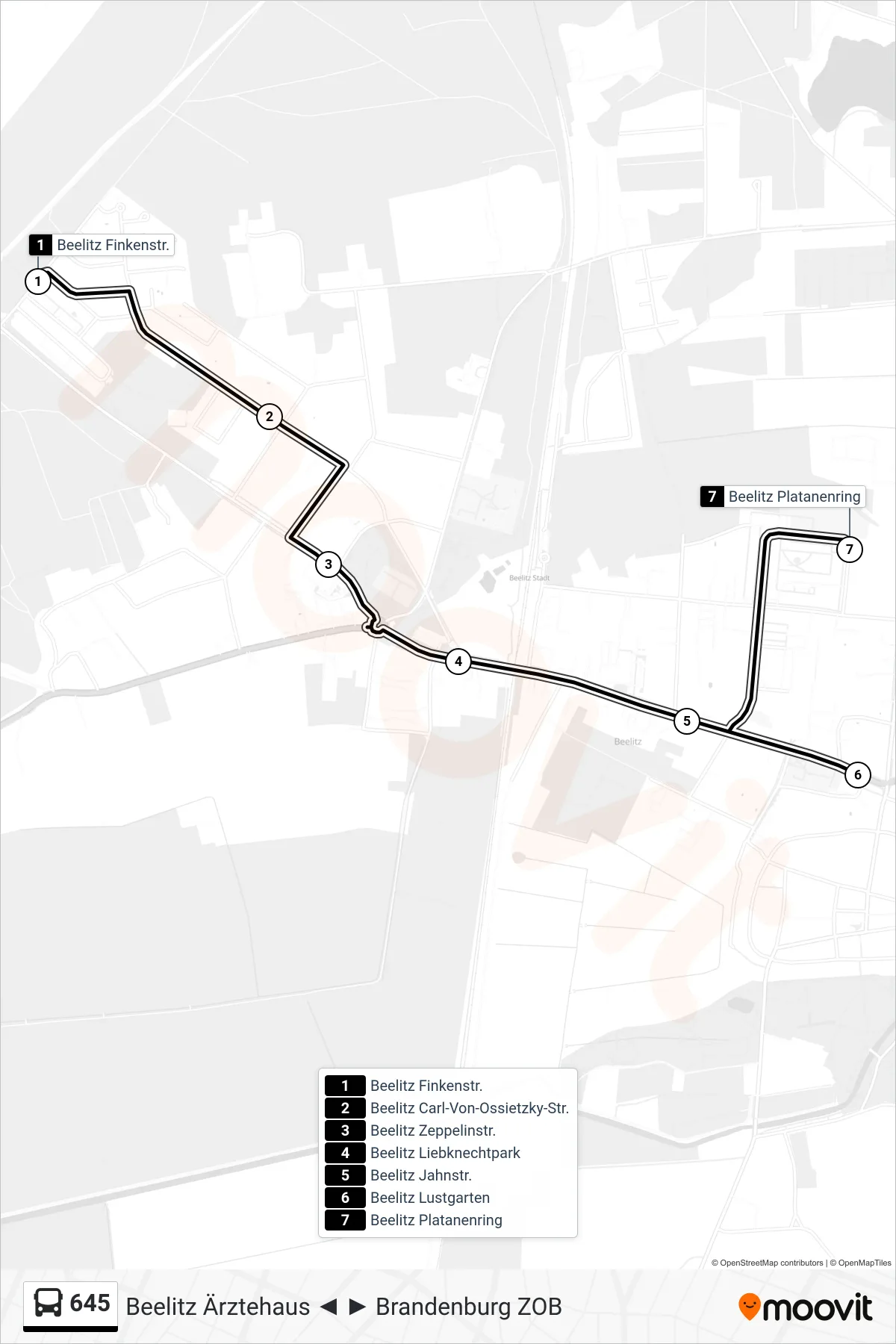 Linie 645 (Bus) Richtung Beelitz Platanenring: Route und Haltestellen auf der Karte