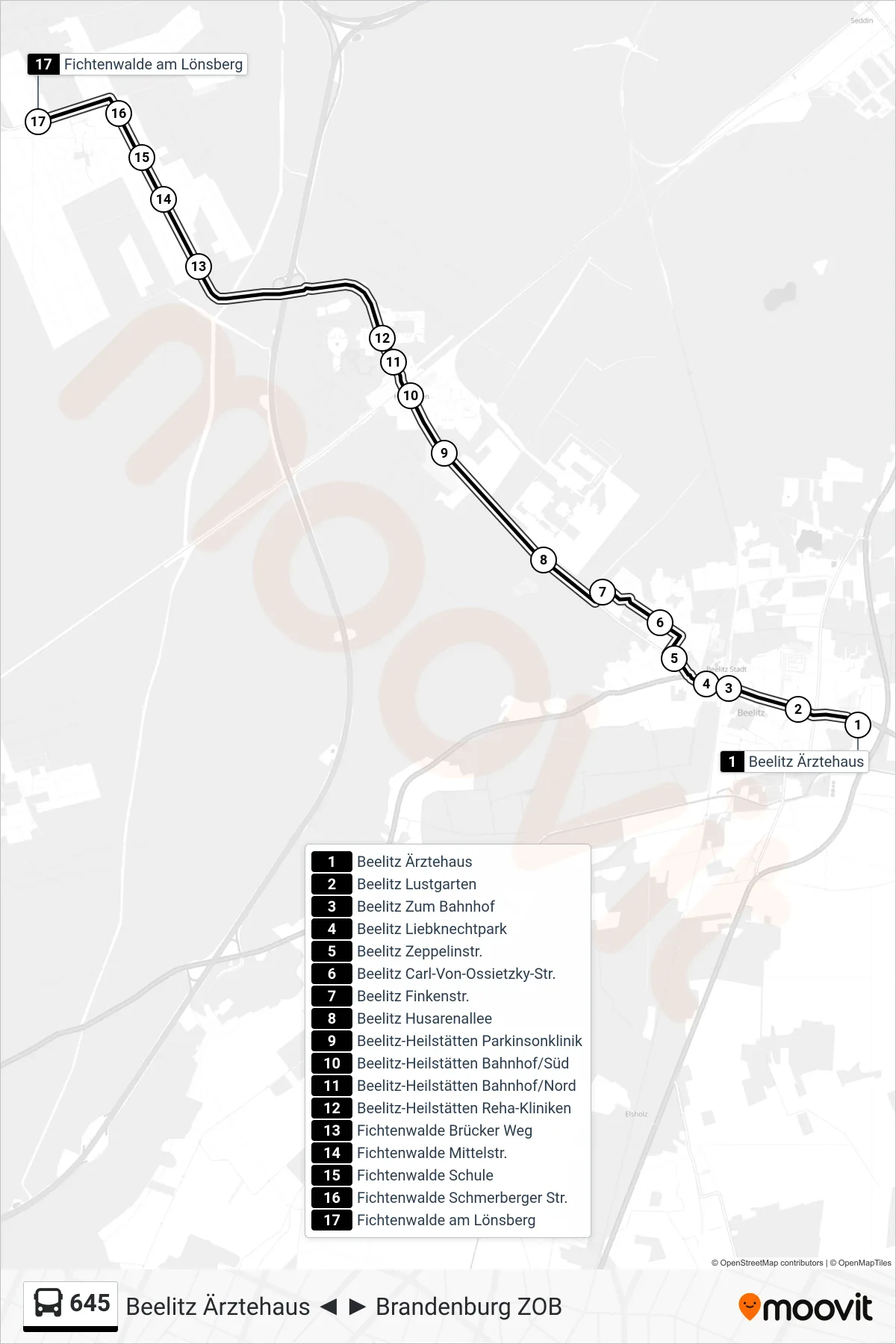 Linie 645 (Bus) Richtung Fichtenwalde am Lönsberg: Route und Haltestellen auf der Karte