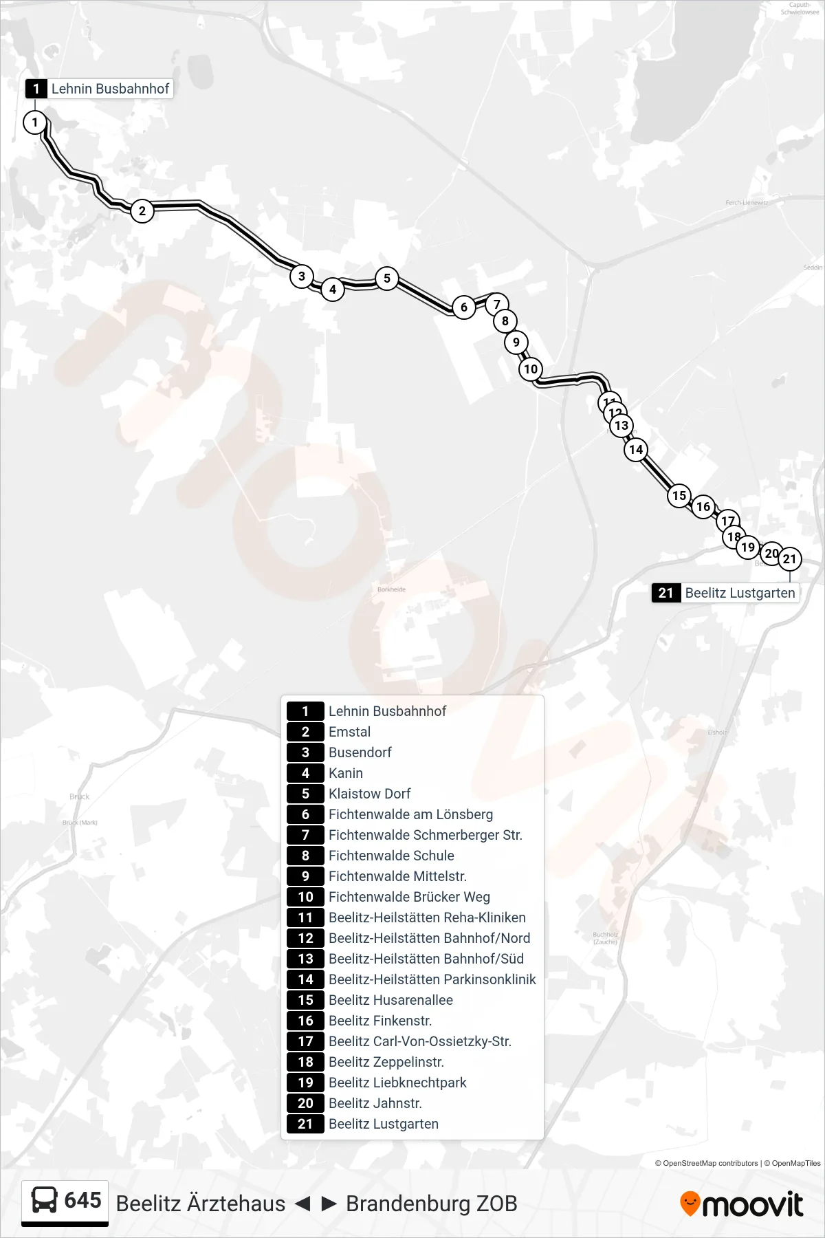 Linie 645 (Bus) Richtung Beelitz Lustgarten: Route und Haltestellen auf der Karte