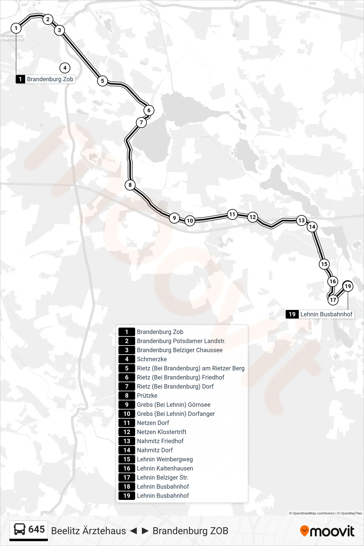 Linie 645 (Bus) Richtung Lehnin Busbahnhof: Route und Haltestellen auf der Karte