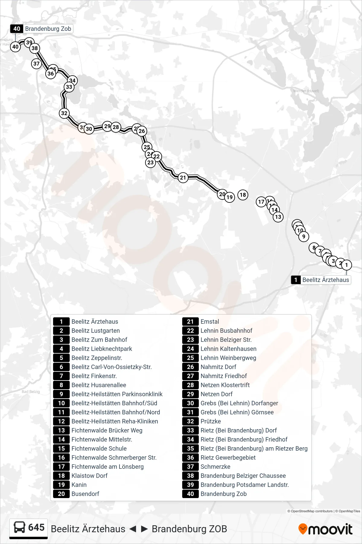 645 bus Line (Brandenburg Zob) route and stops on a map