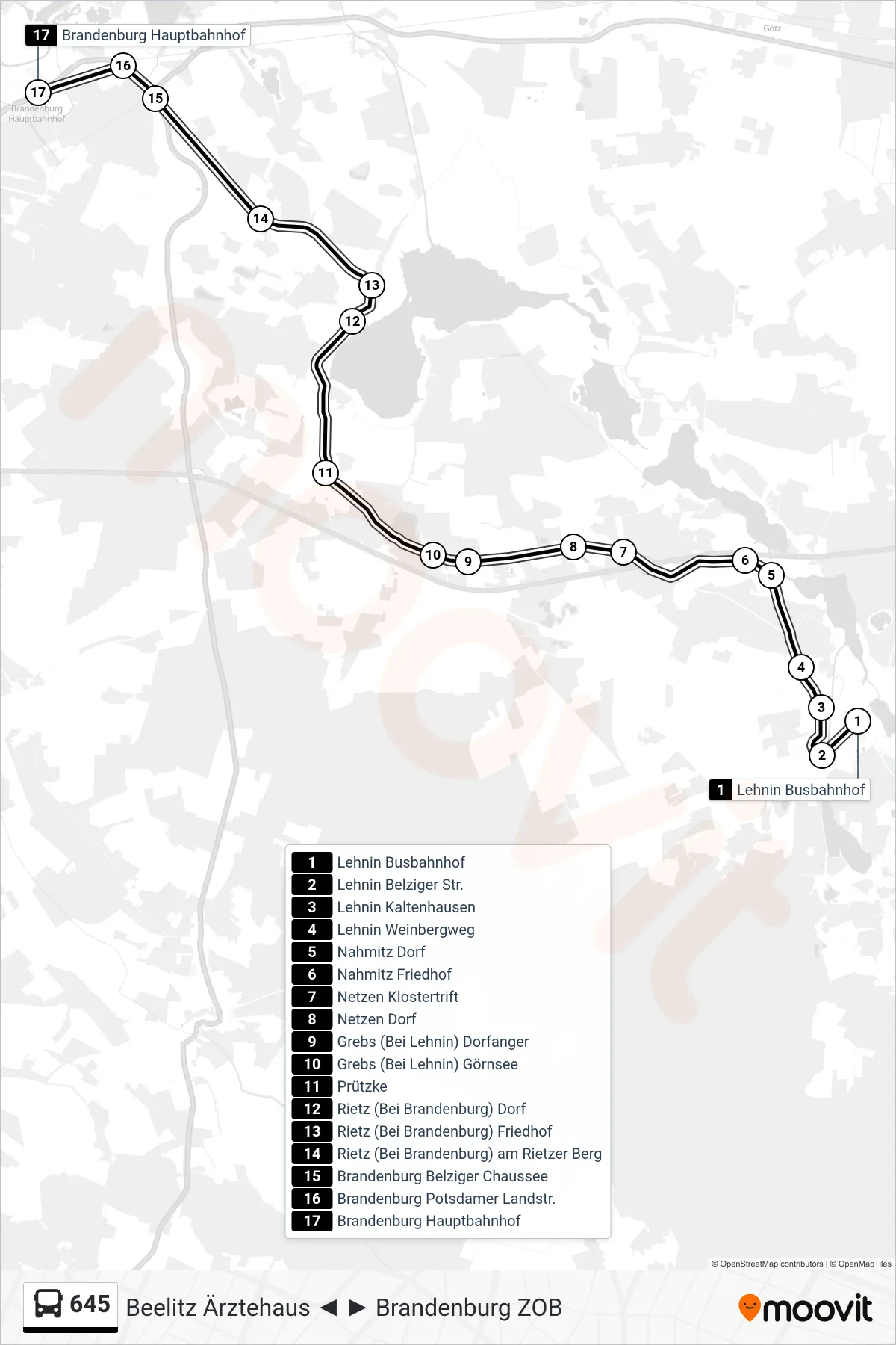 Linie 645 (Bus) Richtung Brandenburg Hauptbahnhof: Route und Haltestellen auf der Karte