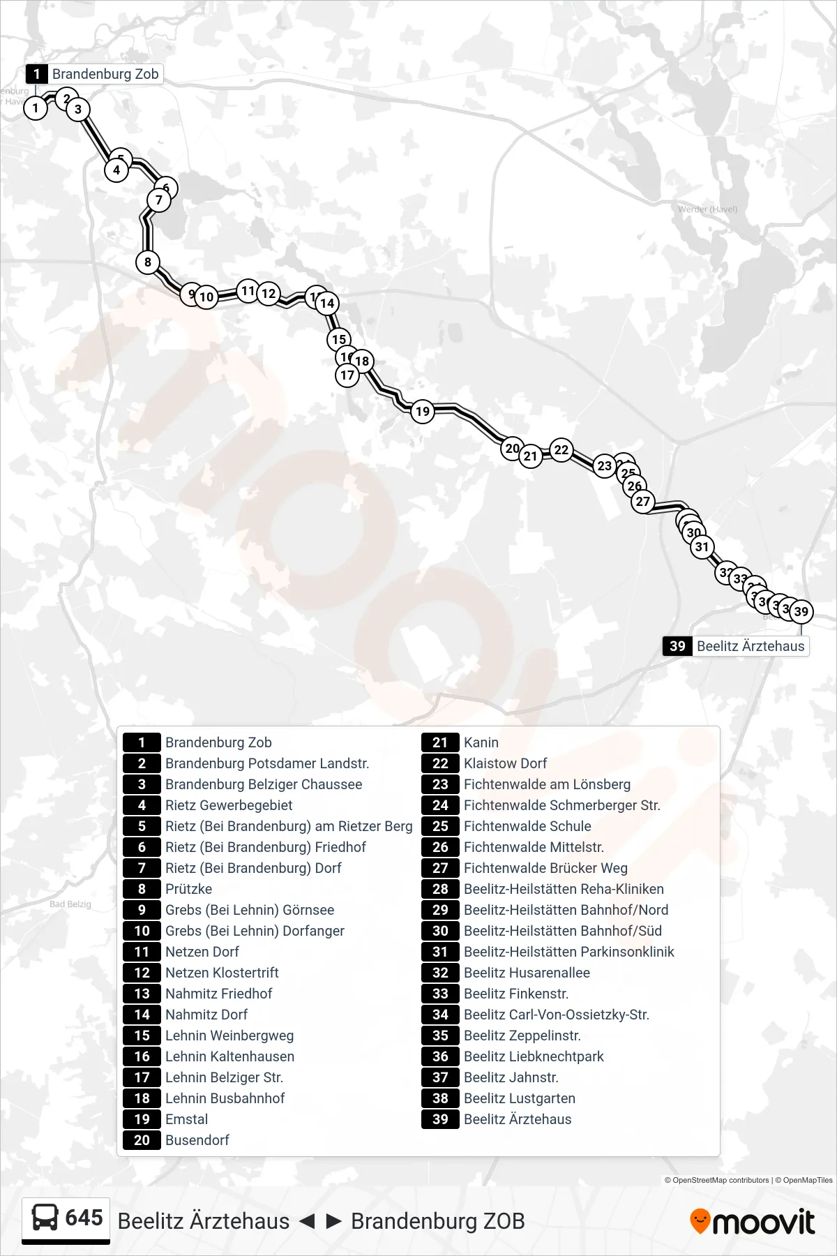 Linie 645 (Bus) Richtung Beelitz Ärztehaus: Route und Haltestellen auf der Karte