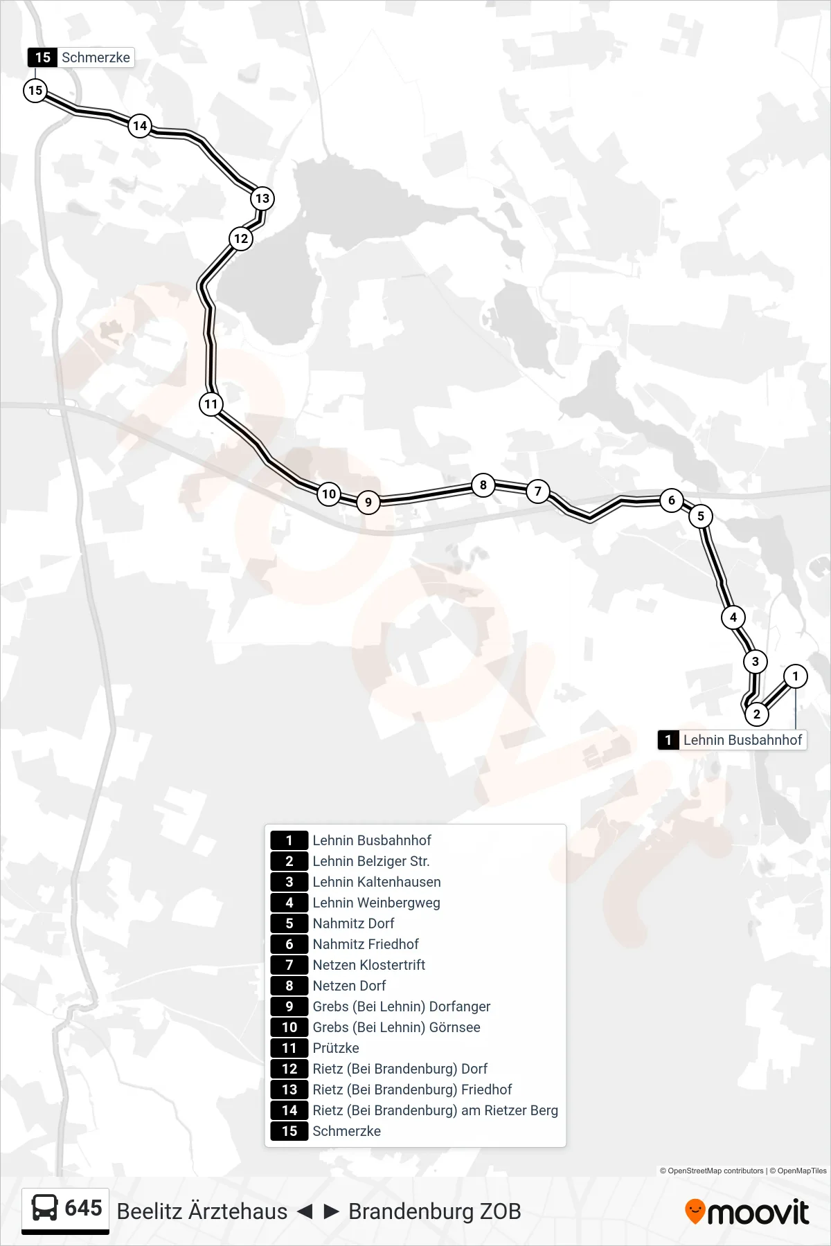 Linie 645 (Bus) Richtung Schmerzke: Route und Haltestellen auf der Karte