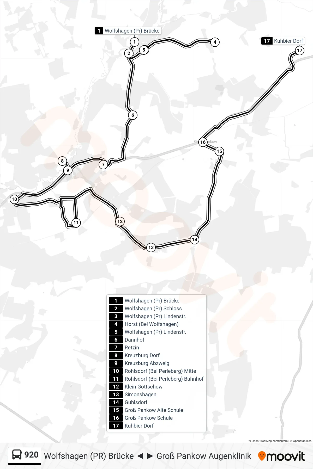 Linie 920 (Bus) Richtung Kuhbier Dorf: Route und Haltestellen auf der Karte