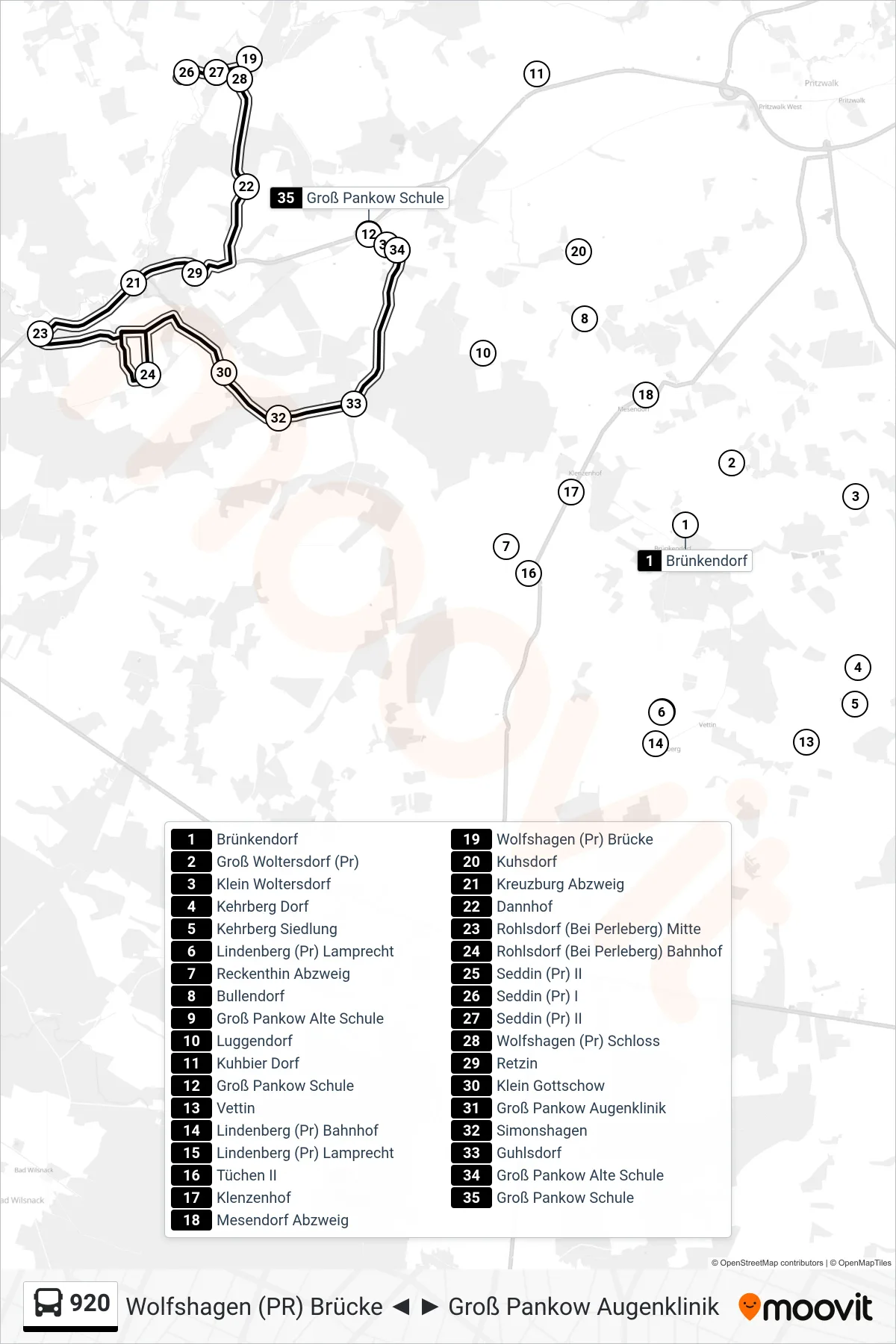 920 bus Line (Groß Pankow Schule) route and stops on a map