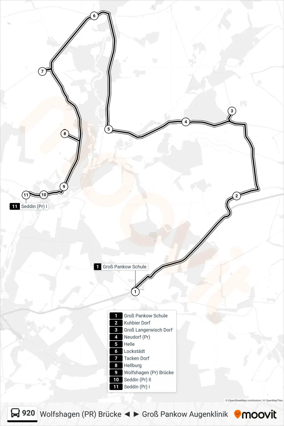 Linie 920 (Bus) Richtung Seddin (Pr) I: Route und Haltestellen auf der Karte