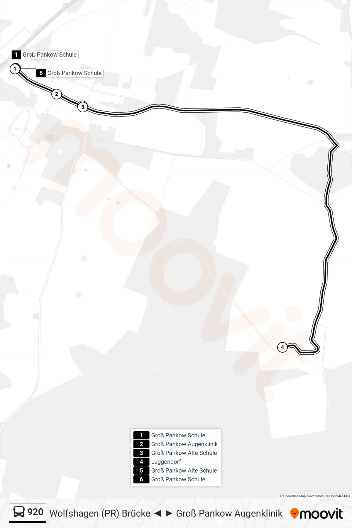 920 bus Line (Groß Pankow Schule) route and stops on a map