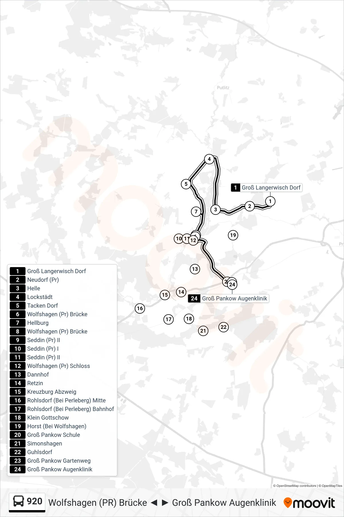 Linie 920 (Bus) Richtung Groß Pankow Augenklinik: Route und Haltestellen auf der Karte