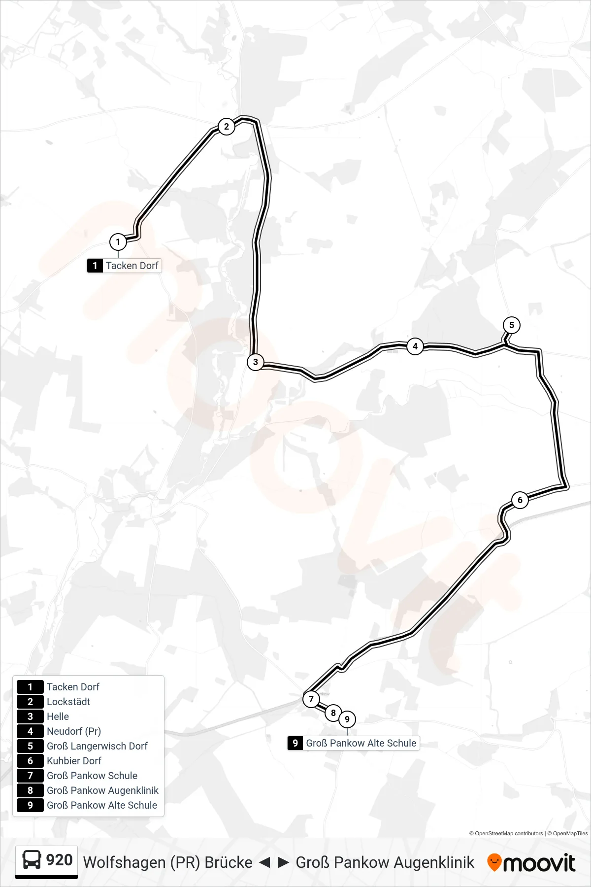 Linie 920 (Bus) Richtung Groß Pankow Alte Schule: Route und Haltestellen auf der Karte
