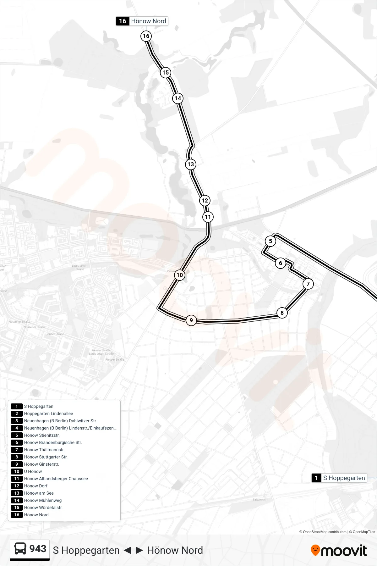 Linie 943 (Bus) Richtung Hönow Nord: Route und Haltestellen auf der Karte