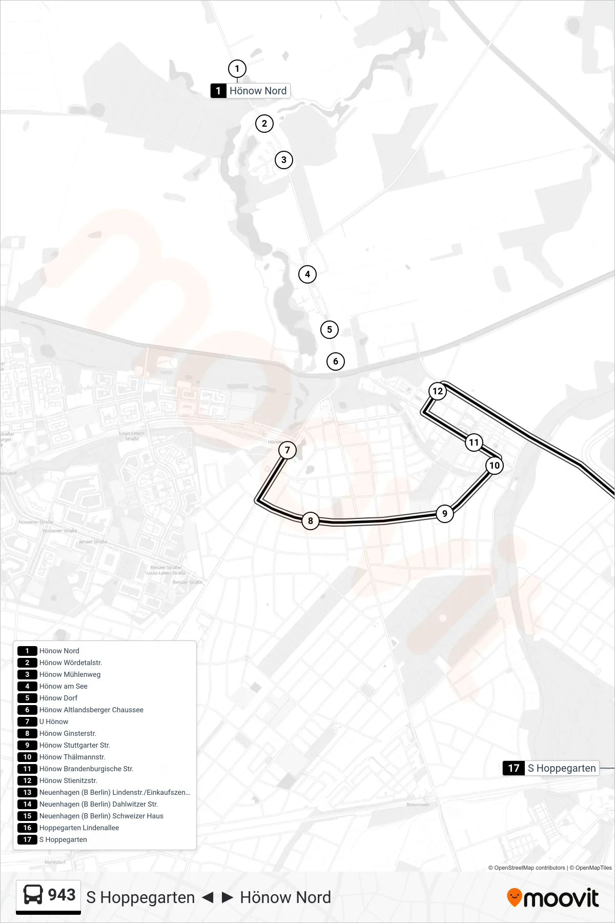 Linie 943 (Bus) Richtung S Hoppegarten: Route und Haltestellen auf der Karte