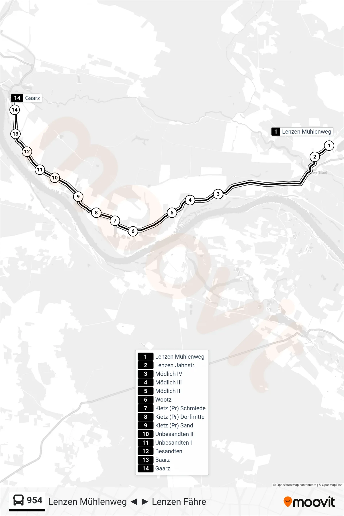 Linie 954 (Bus) Richtung Gaarz: Route und Haltestellen auf der Karte