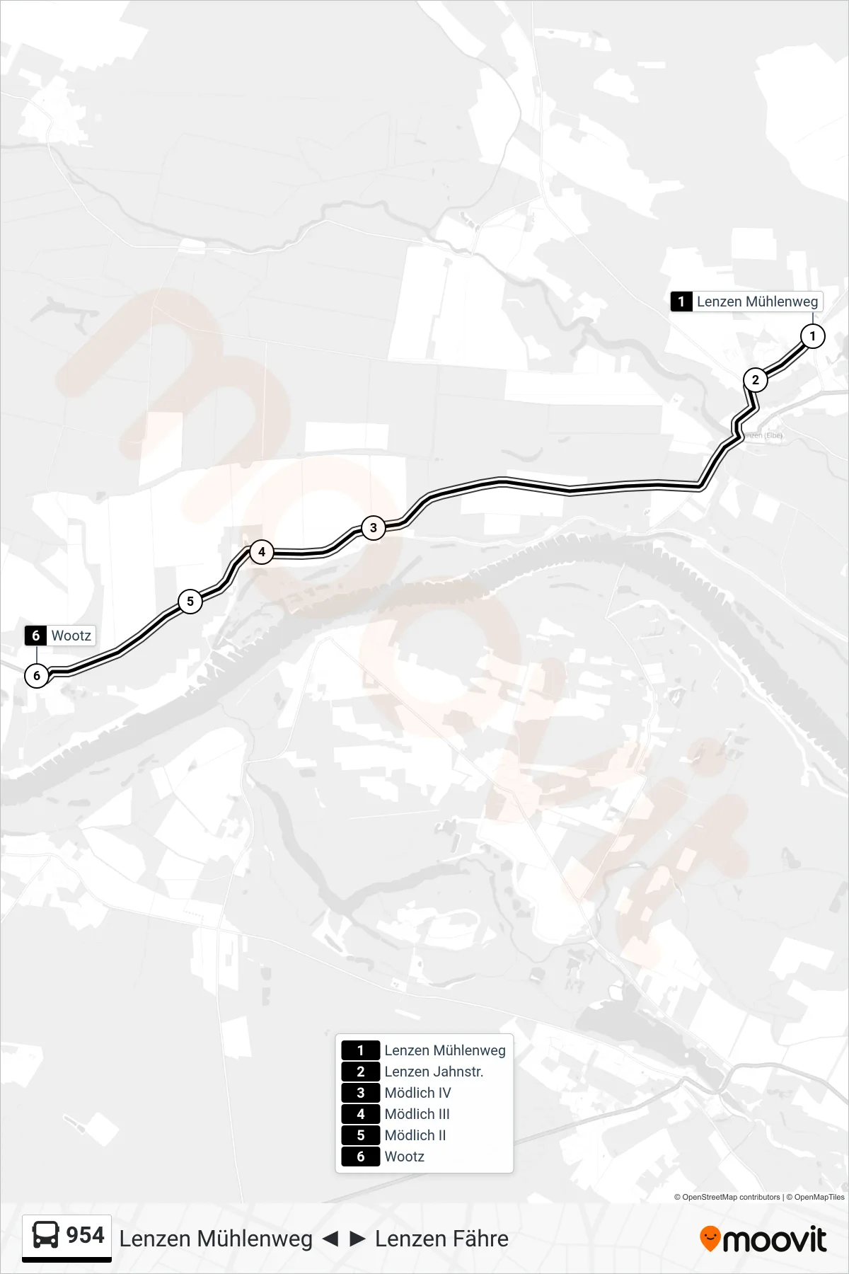 Linie 954 (Bus) Richtung Wootz: Route und Haltestellen auf der Karte