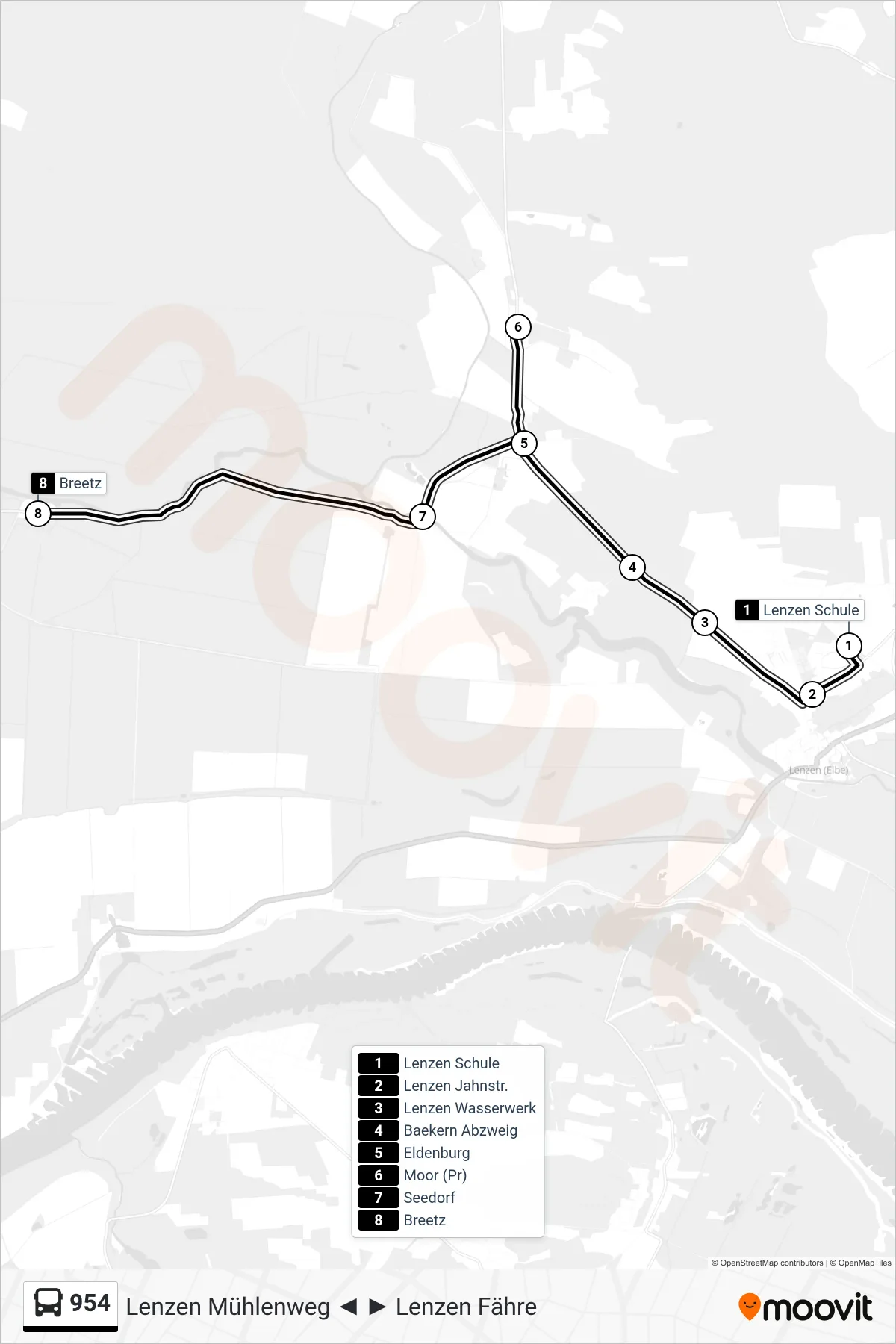 Linie 954 (Bus) Richtung Breetz: Route und Haltestellen auf der Karte