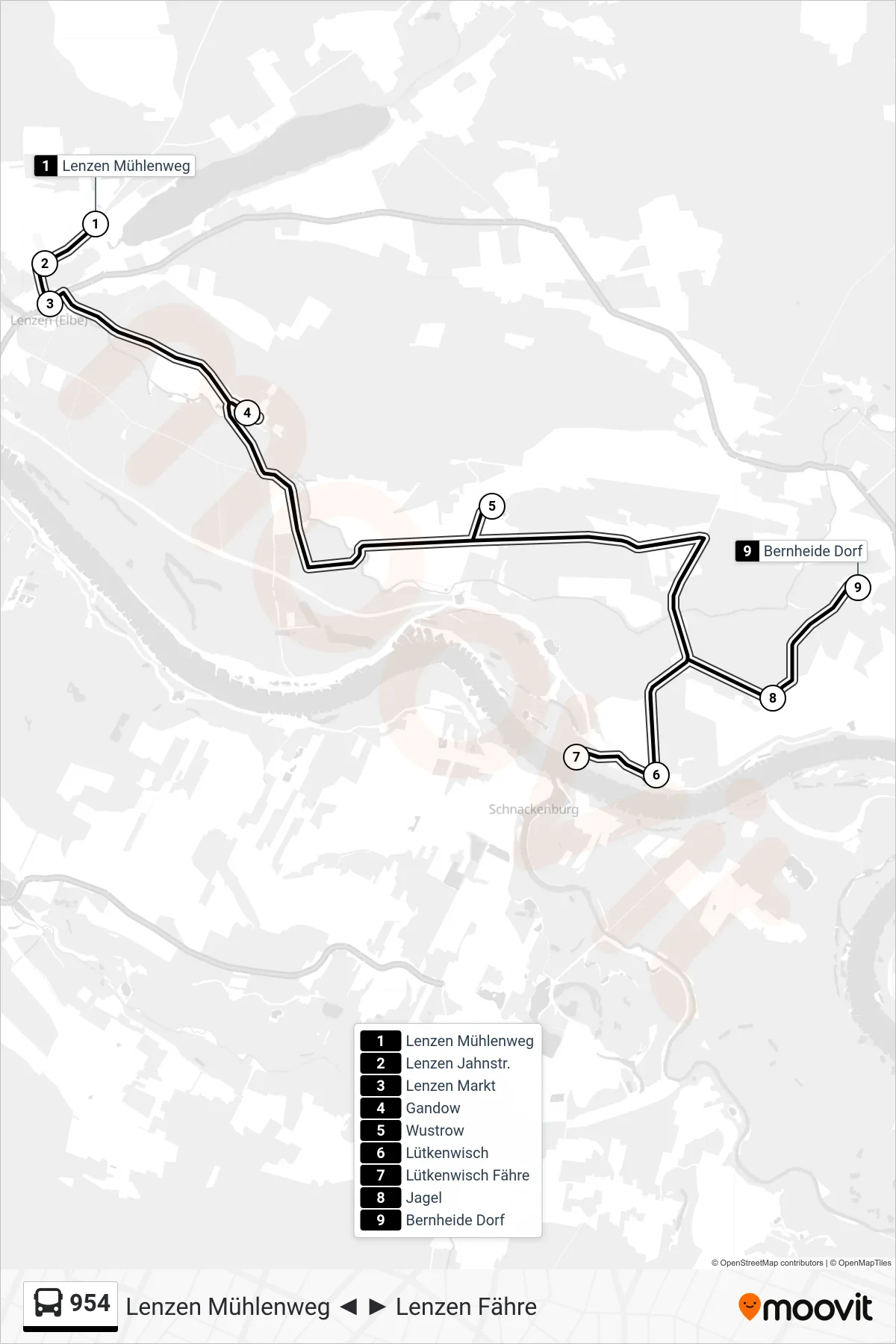 954 bus Line (Bernheide Dorf) route and stops on a map