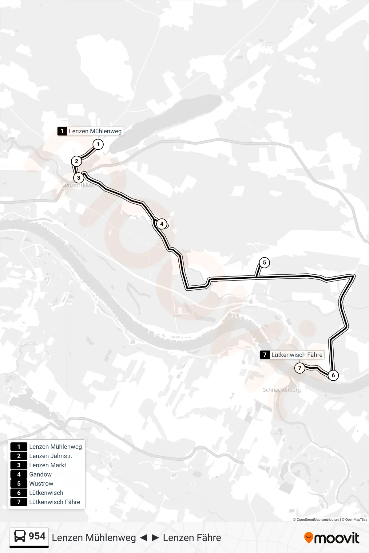 Linie 954 (Bus) Richtung Lütkenwisch Fähre: Route und Haltestellen auf der Karte