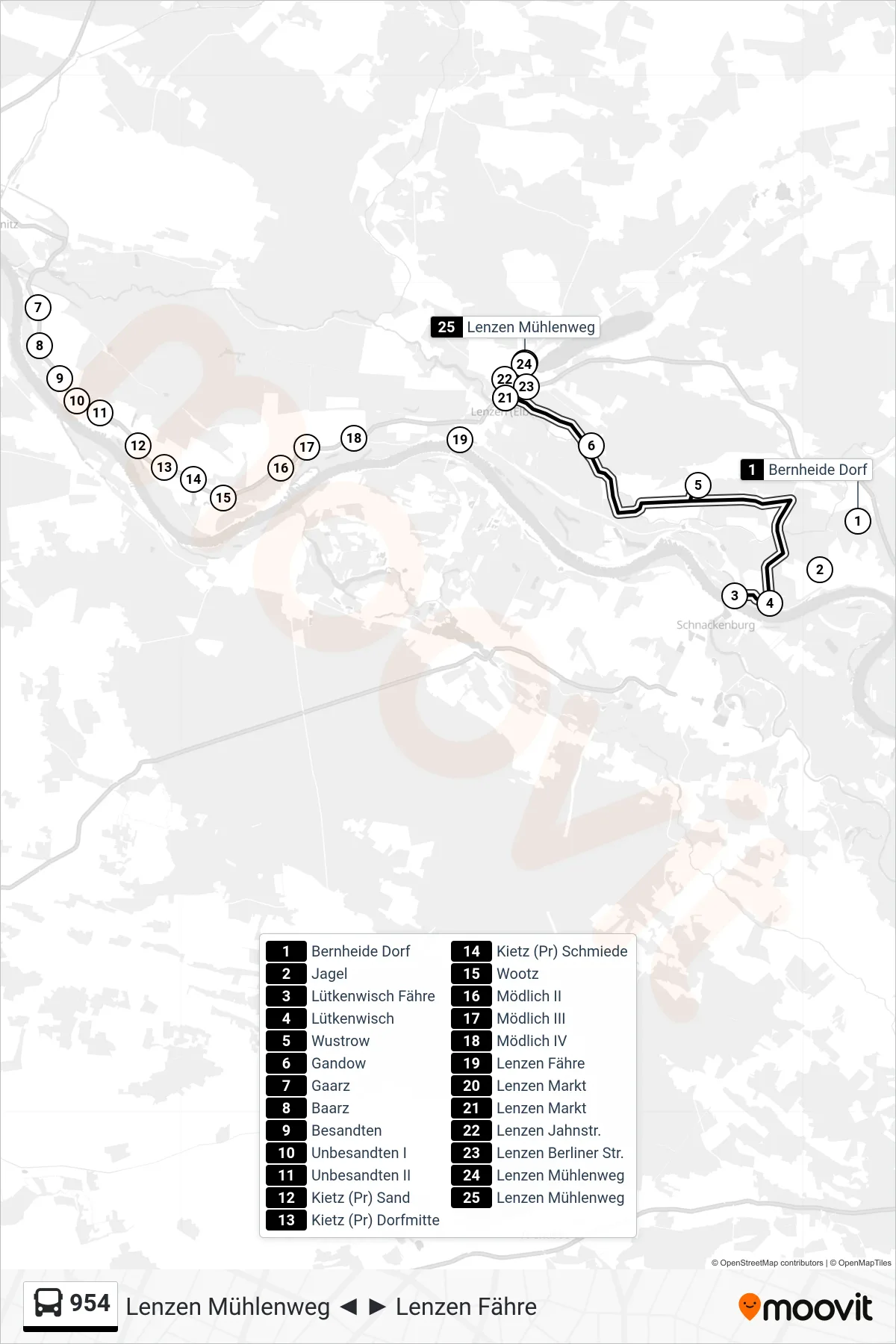 Linie 954 (Bus) Richtung Lenzen Mühlenweg: Route und Haltestellen auf der Karte