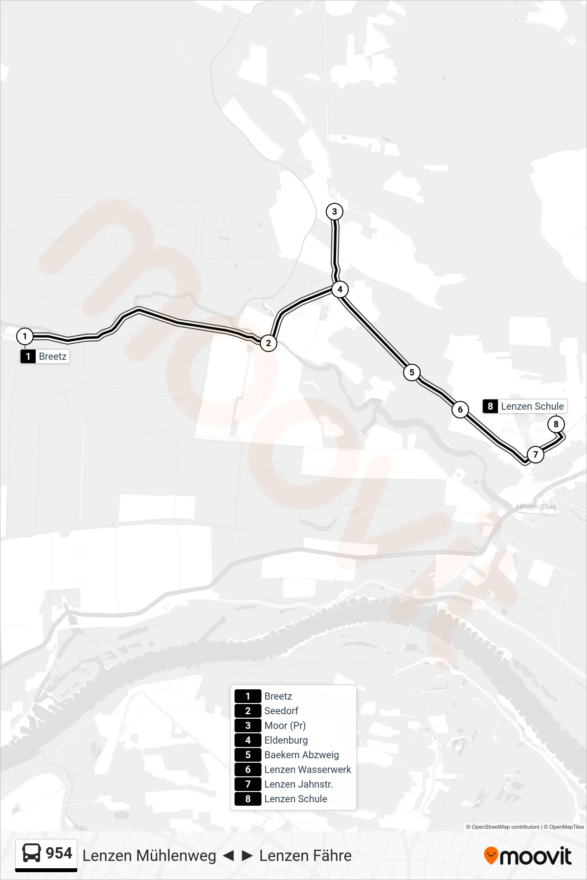 Linie 954 (Bus) Richtung Lenzen Schule: Route und Haltestellen auf der Karte
