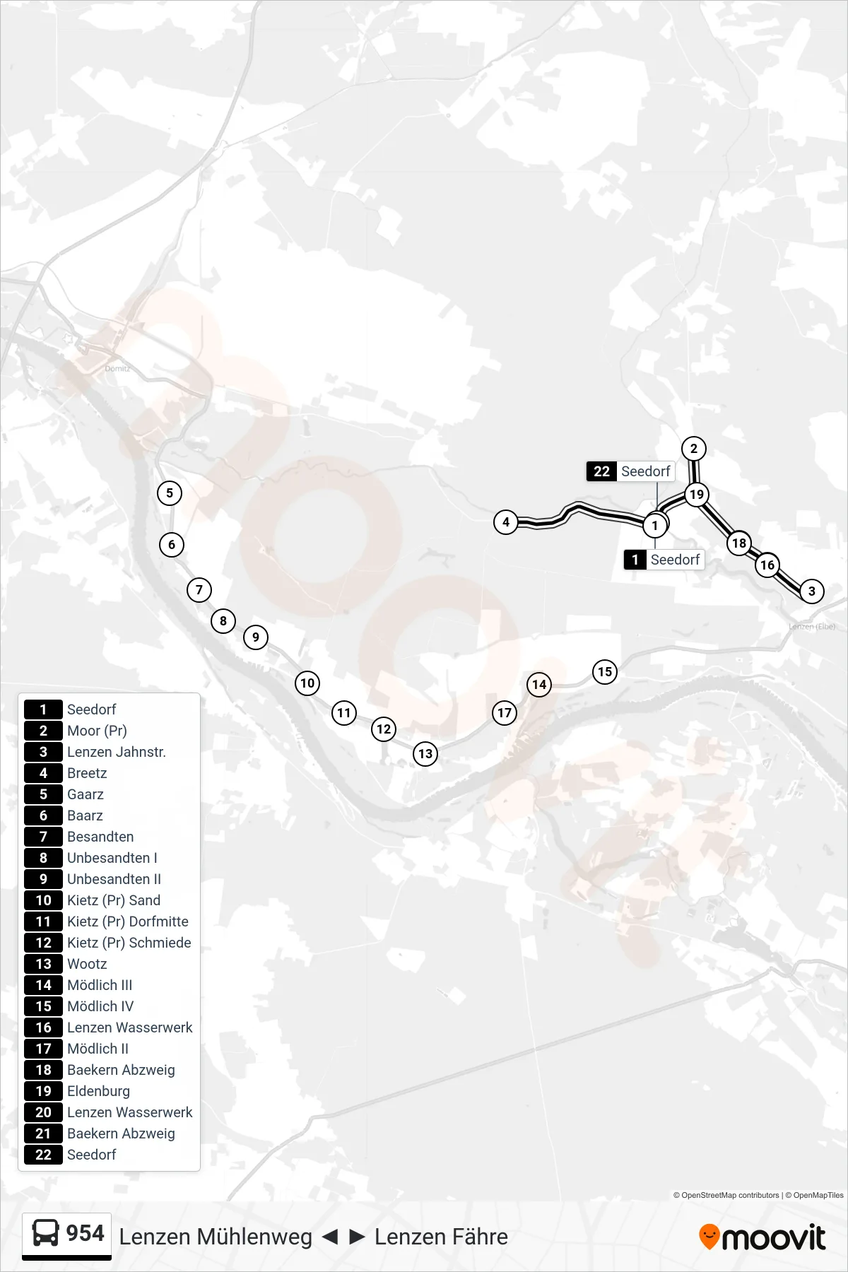 Linie 954 (Bus) Richtung Breetz: Route und Haltestellen auf der Karte