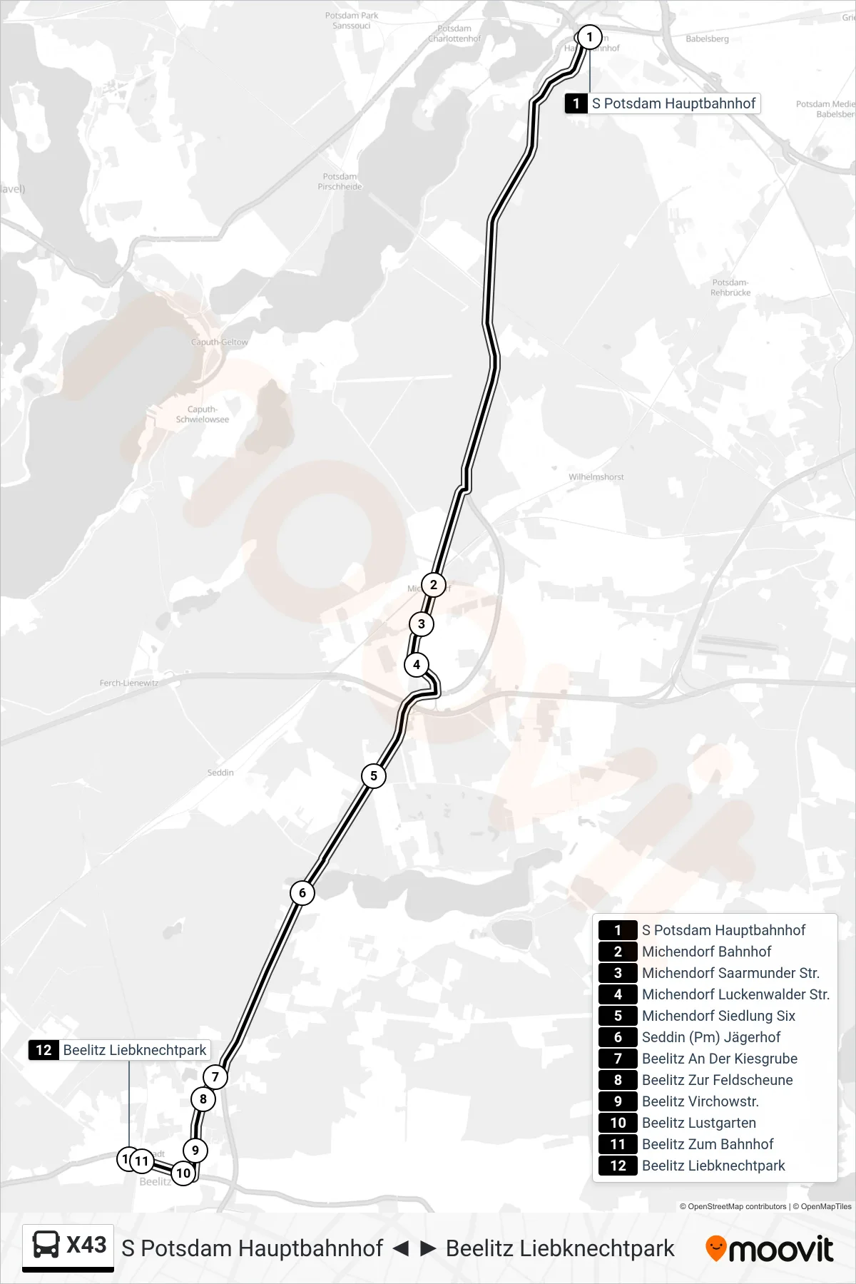 Linie X43 (Bus) Richtung Beelitz Liebknechtpark: Route und Haltestellen auf der Karte