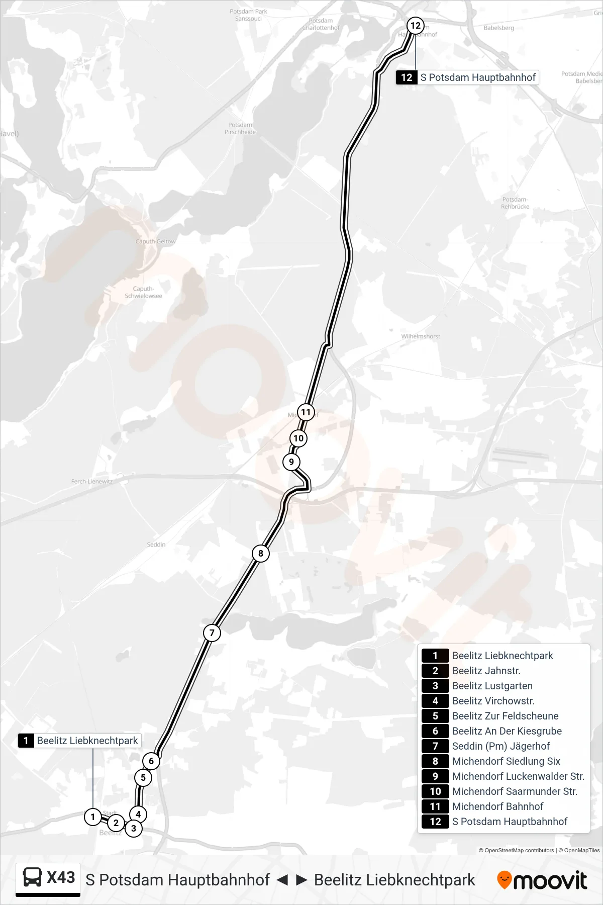 X43 bus Line (S Potsdam Hauptbahnhof) route and stops on a map