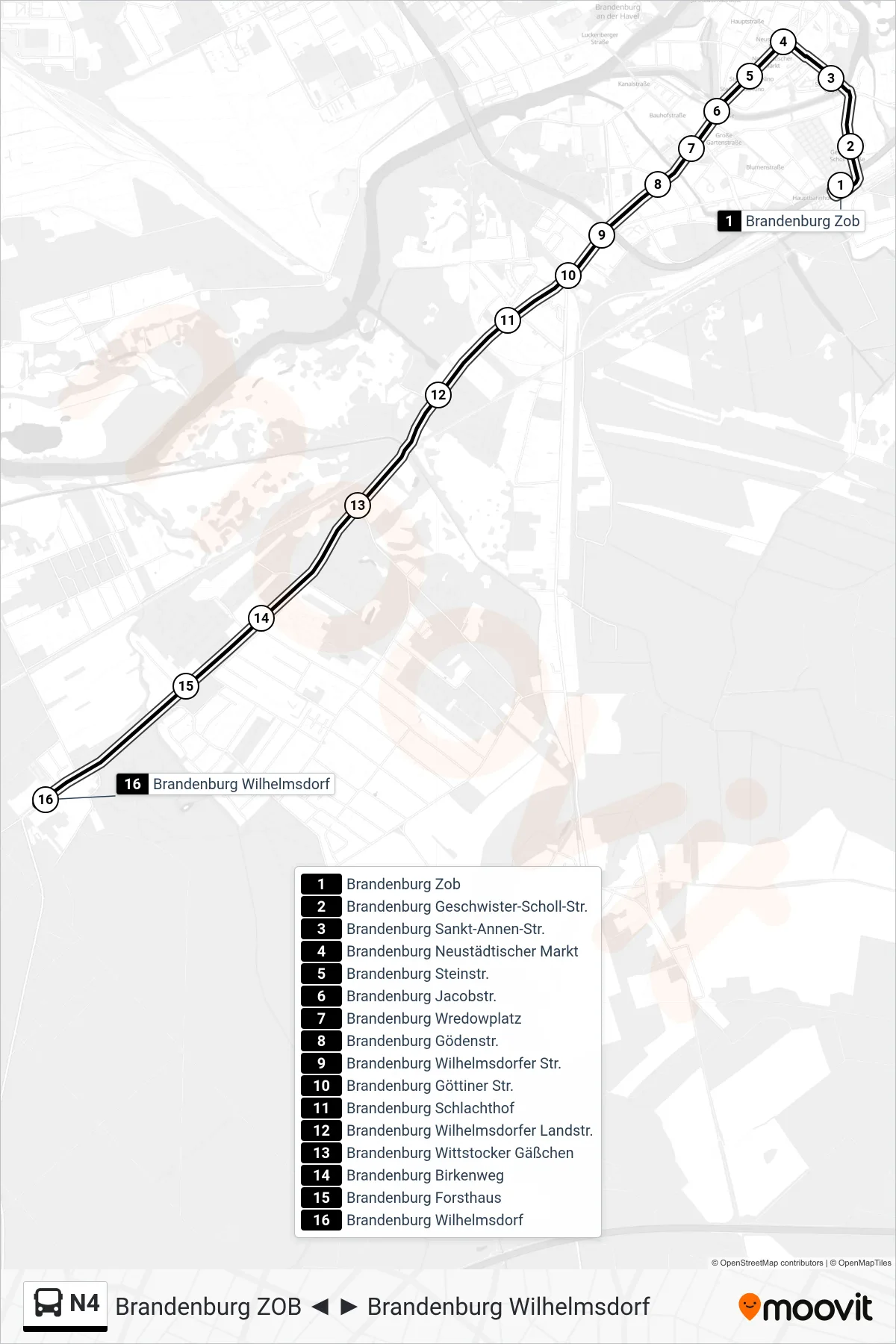 N4 bus Line (Brandenburg Wilhelmsdorf) route and stops on a map