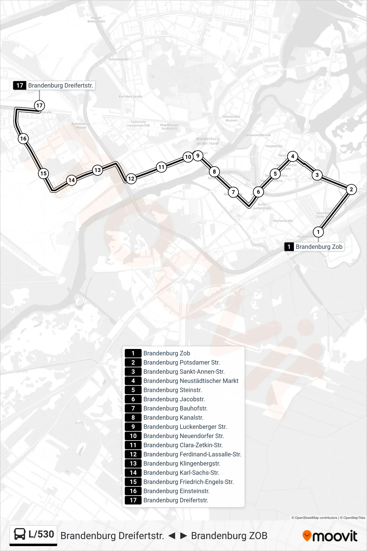 L/530 bus Line (Brandenburg Dreifertstr.) route and stops on a map