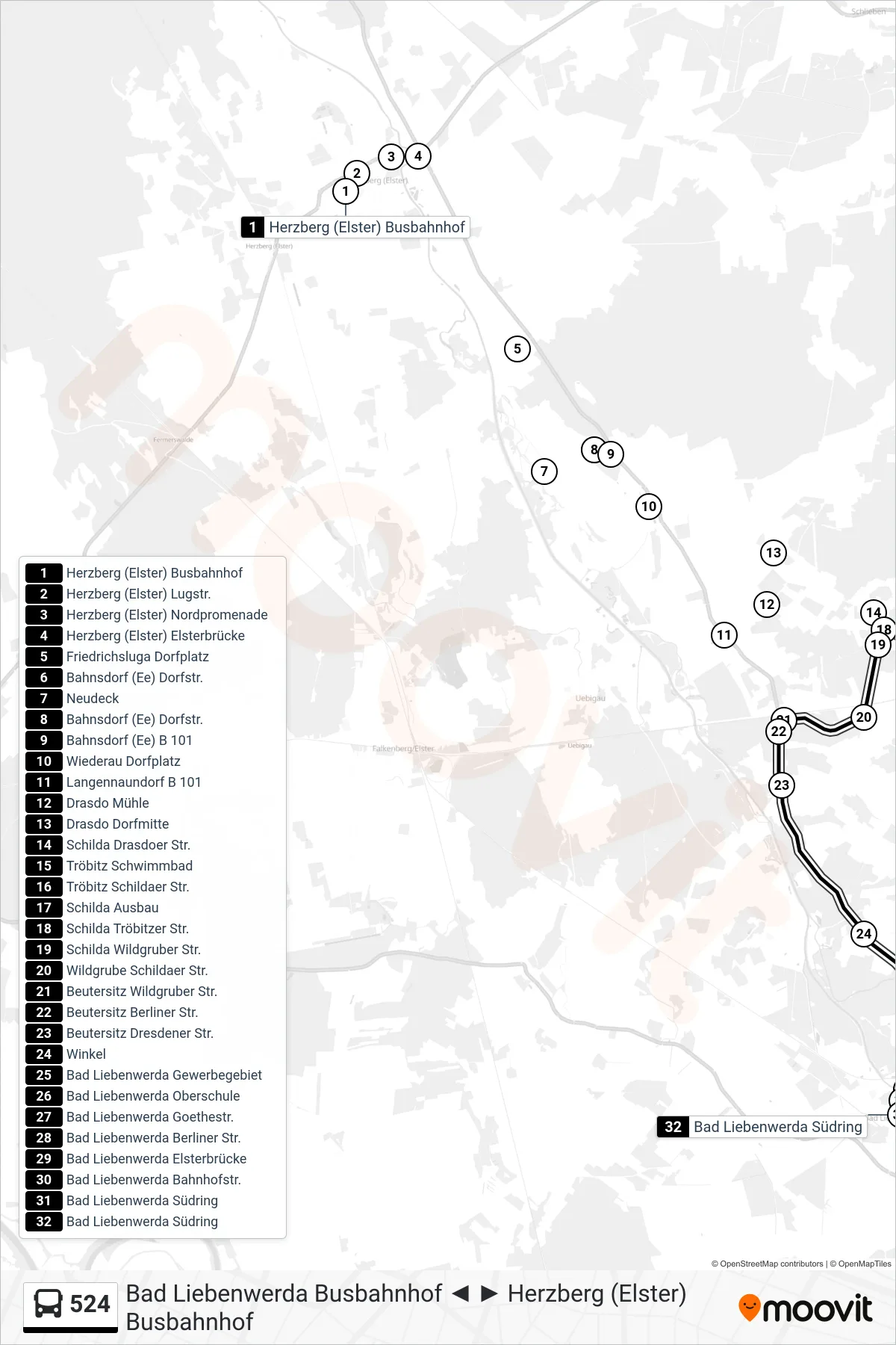 Linie 524 (Bus) Richtung Bad Liebenwerda Südring: Route und Haltestellen auf der Karte