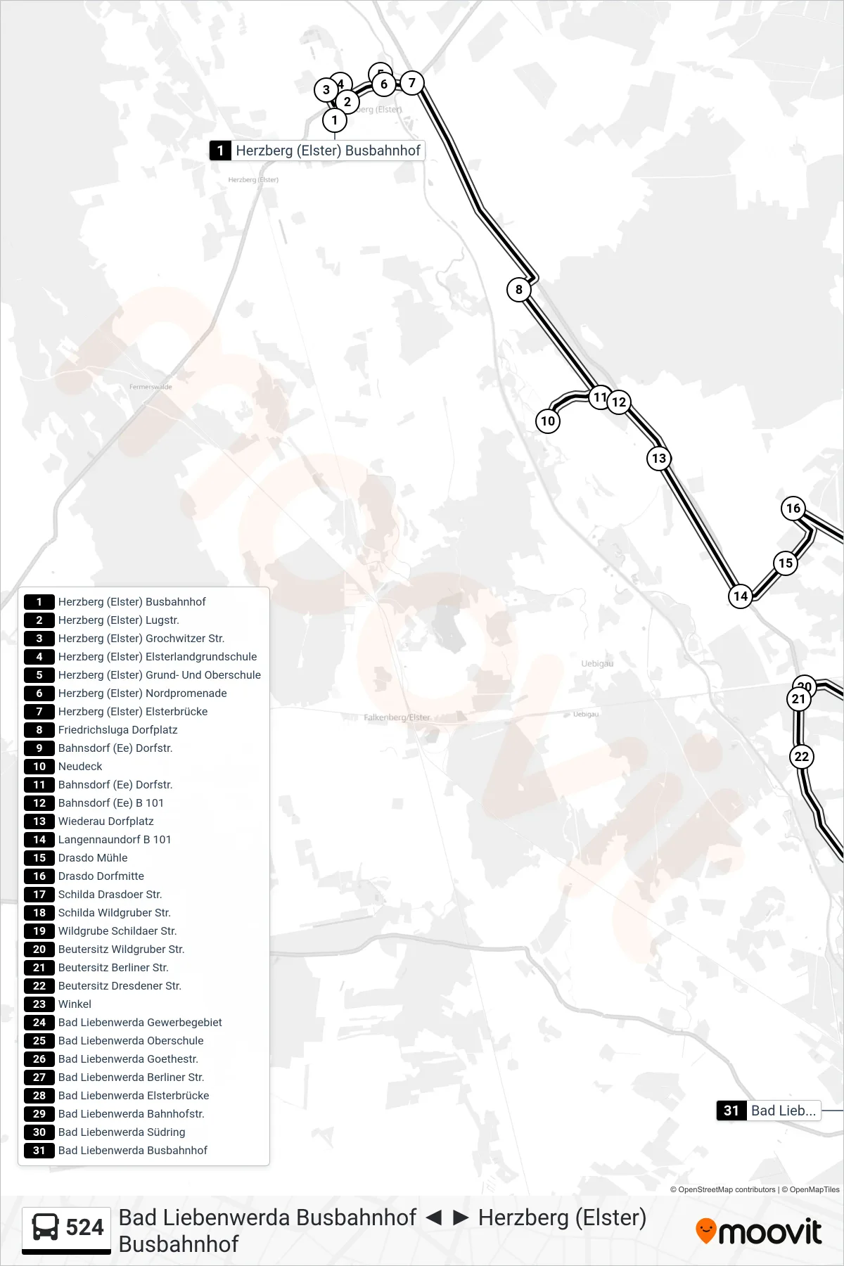 Linie 524 (Bus) Richtung Bad Liebenwerda Busbahnhof: Route und Haltestellen auf der Karte