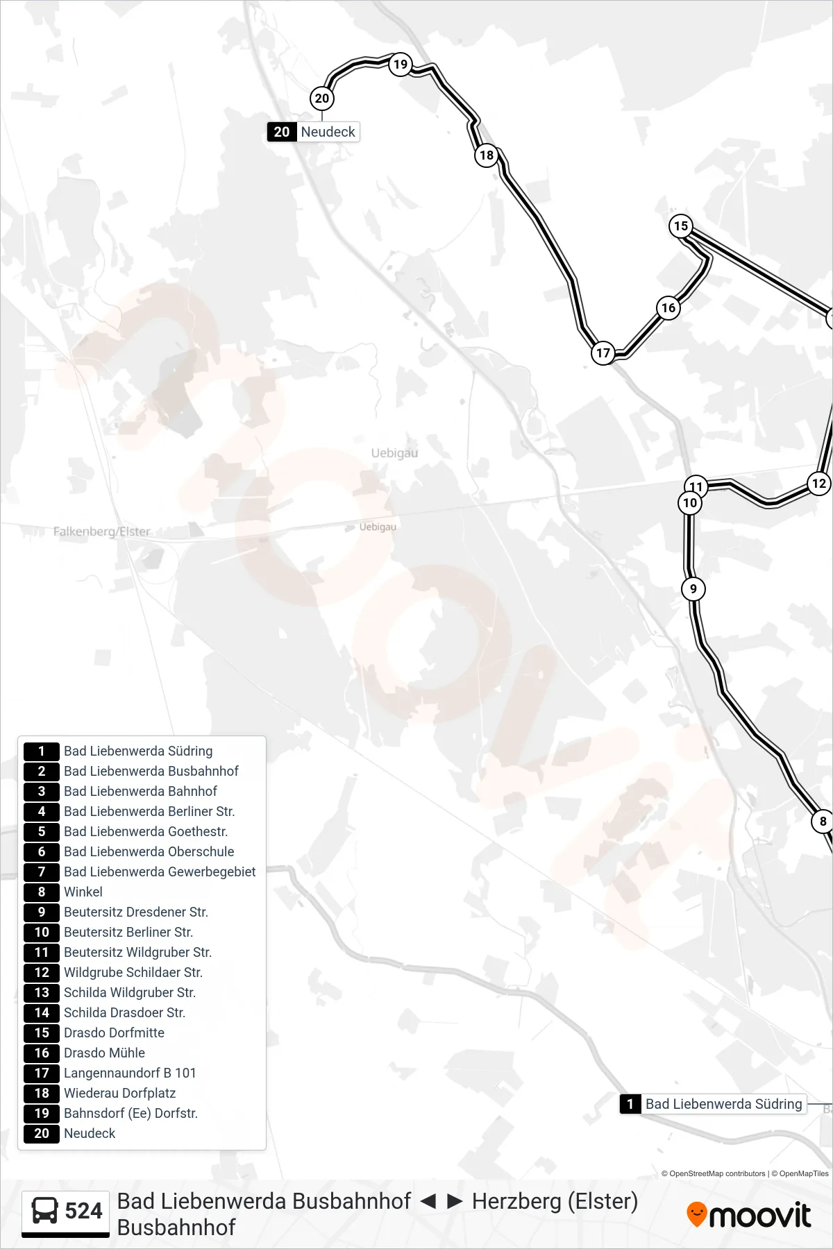 Linie 524 (Bus) Richtung Neudeck: Route und Haltestellen auf der Karte